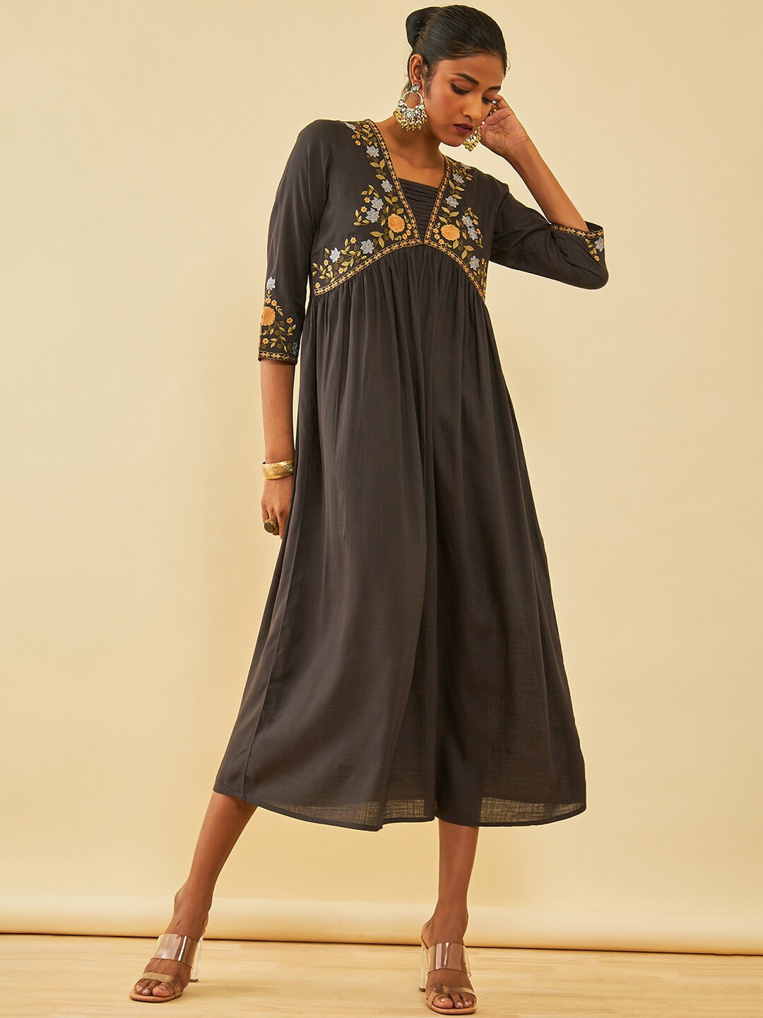 Soch Black V-Neck Empire A-Line Midi Dress