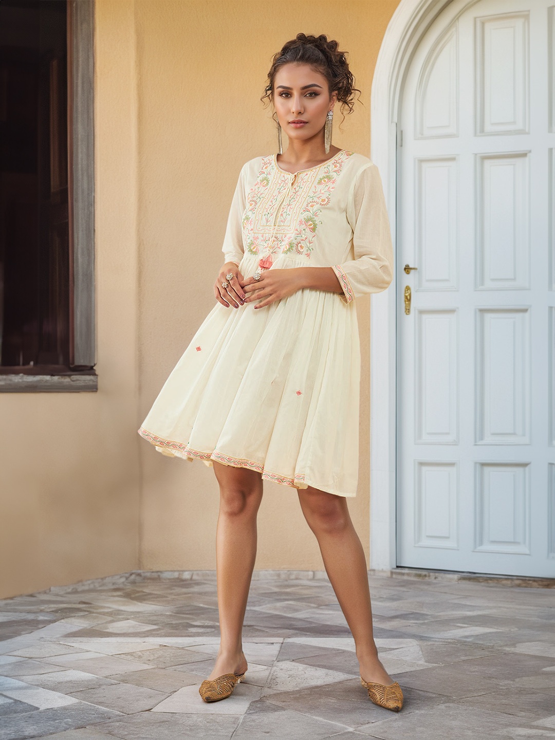 

Soch Floral Embroidered Fit & Flare Dress, White