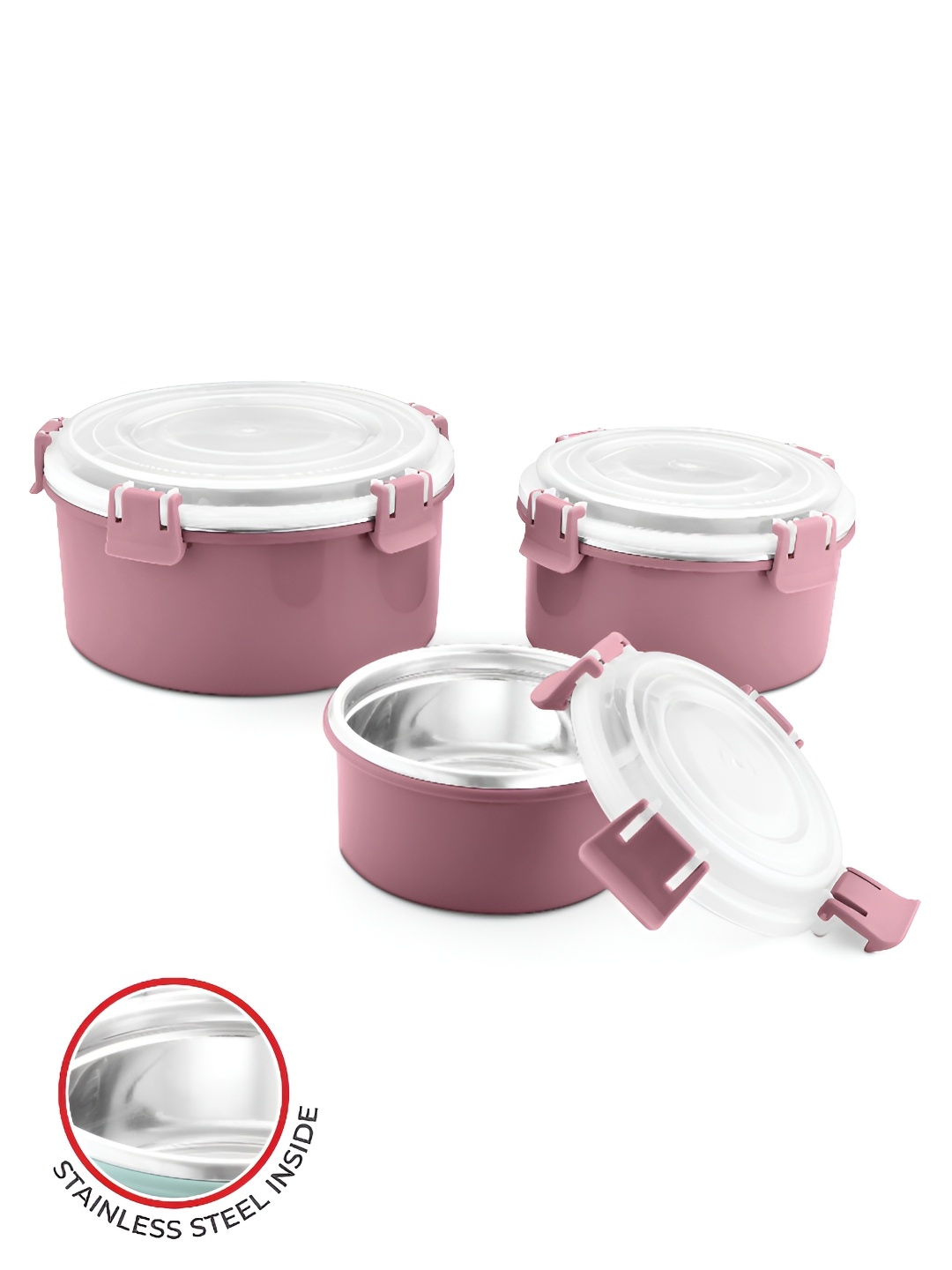 

Classic Essentials Set Of 3 Stainless Steel Microwave Safe Containers Lunch Box 2L, Pink