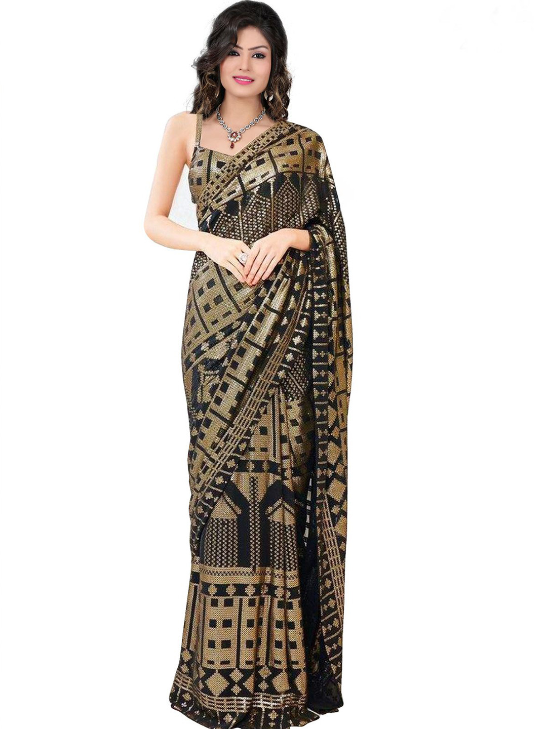 

ODETTE Geometric Embellished Sequinned Saree, Black