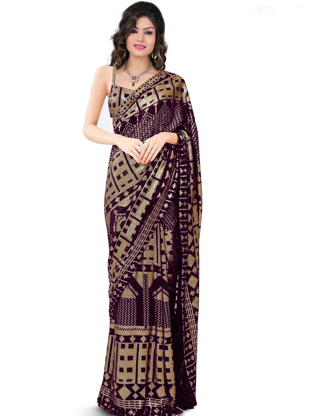 ODETTE Geometric Embellished Sequinned Saree, Purple
