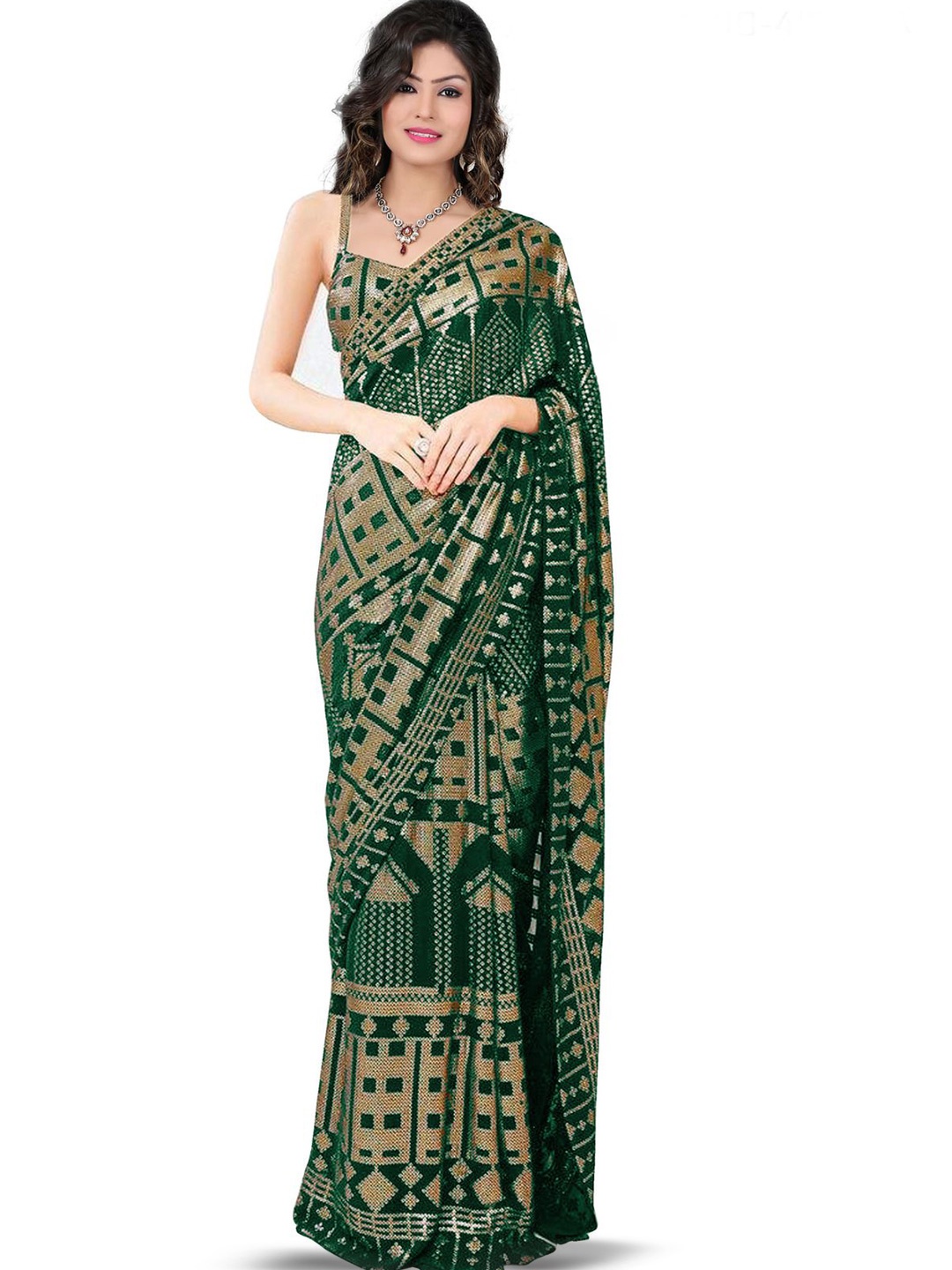 

ODETTE Sequinned Embroidered Saree, Green