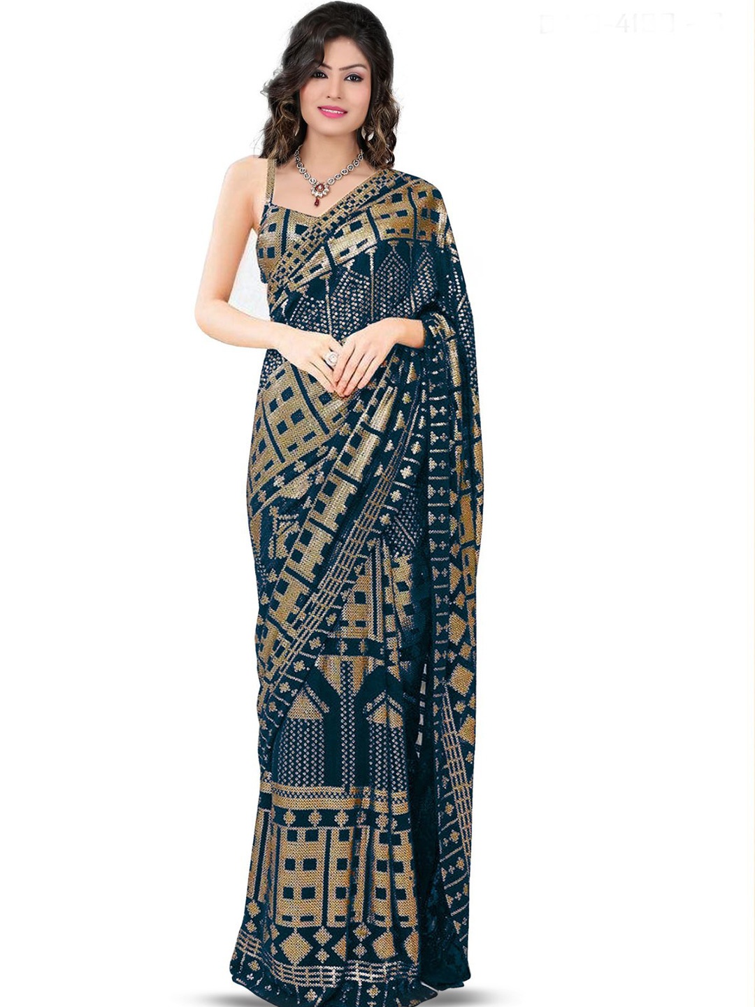 

ODETTE Embellished Sequinned Saree, Teal