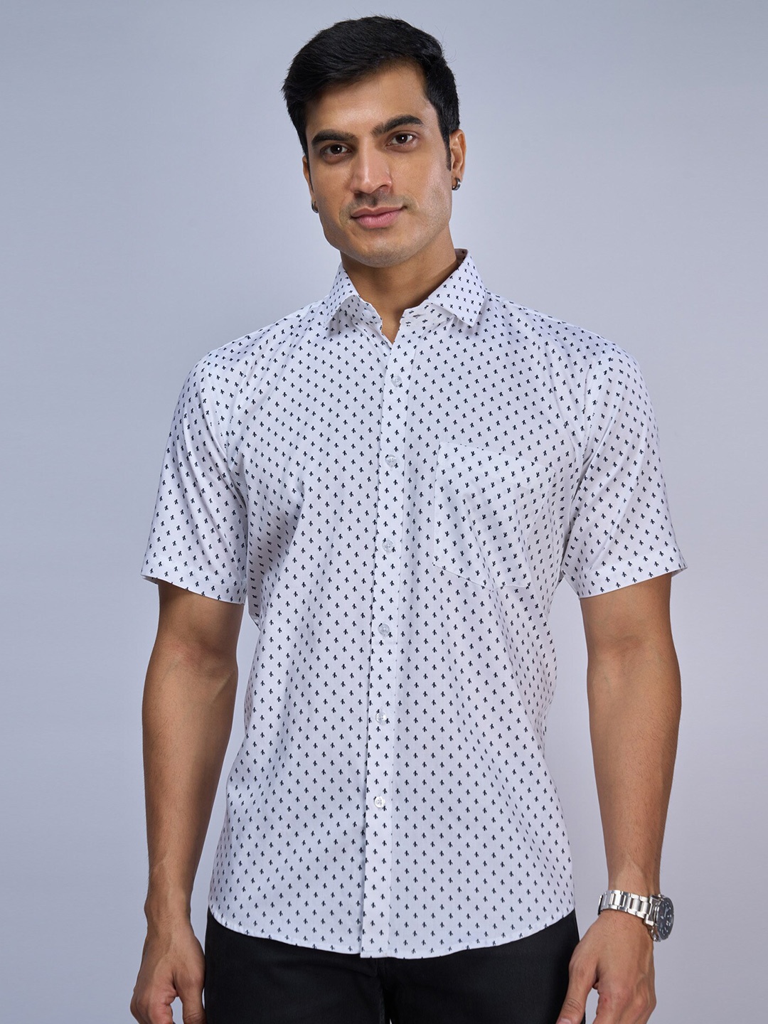 MARK & ALBERT India Slim Geometric Cotton Slim Fit Opaque Printed Casual Shirt, White