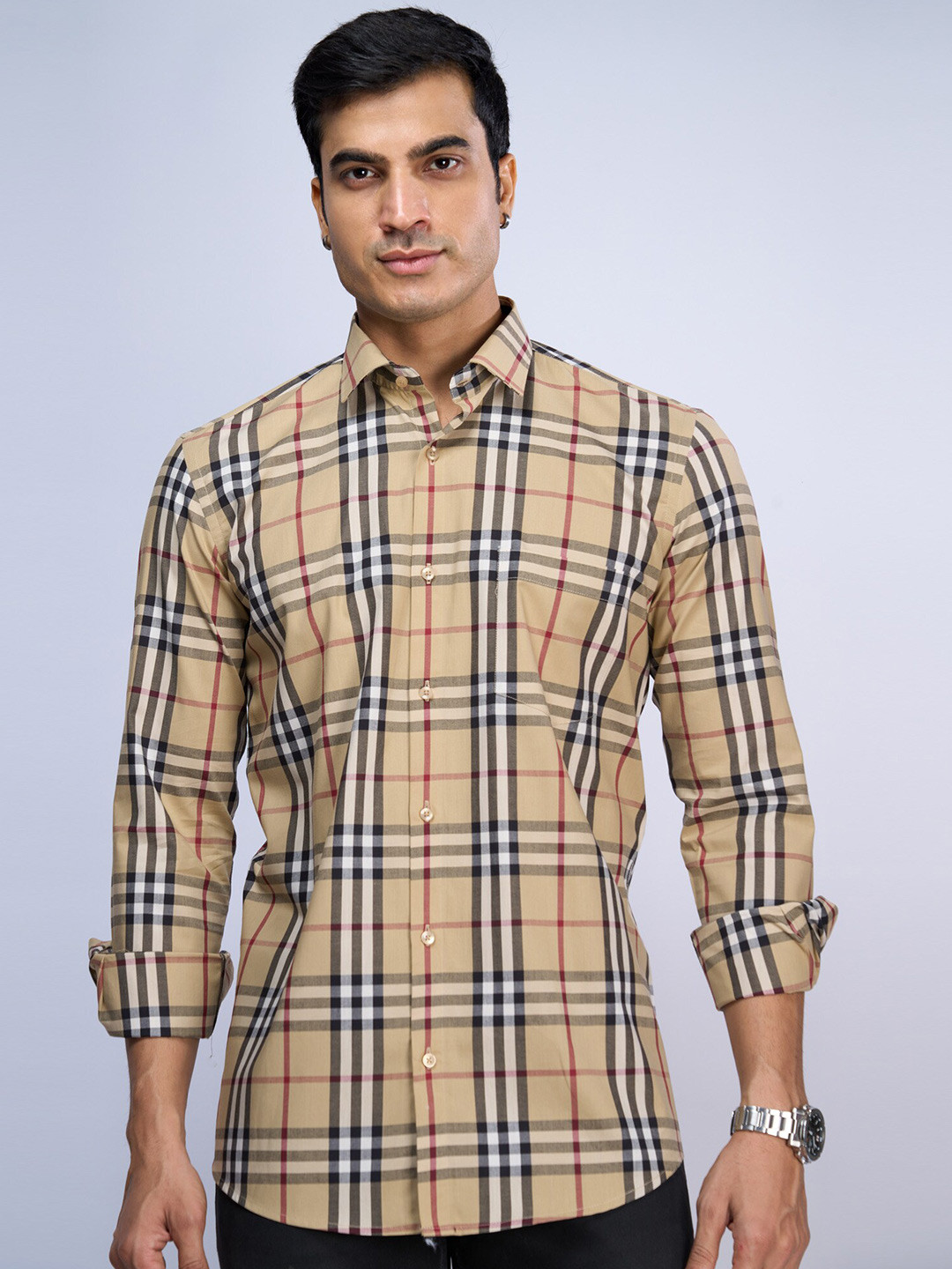 

MARK & ALBERT India Slim Cotton Spread Collar Slim Fit Opaque Checked Casual Shirt, Beige