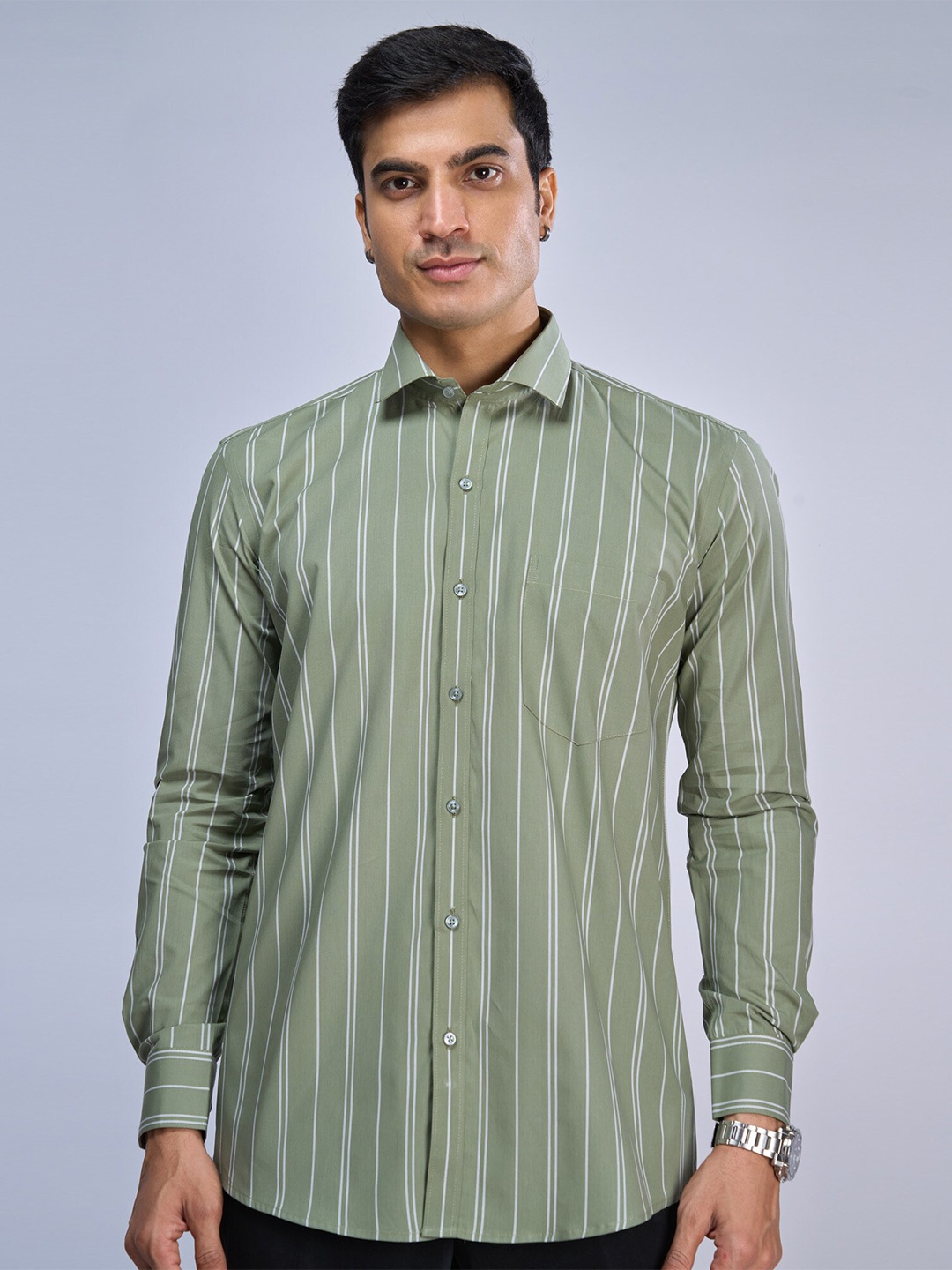 MARK & ALBERT India Slim Vertical Stripes Cotton Slim Fit Opaque Striped Casual Shirt, Sea green