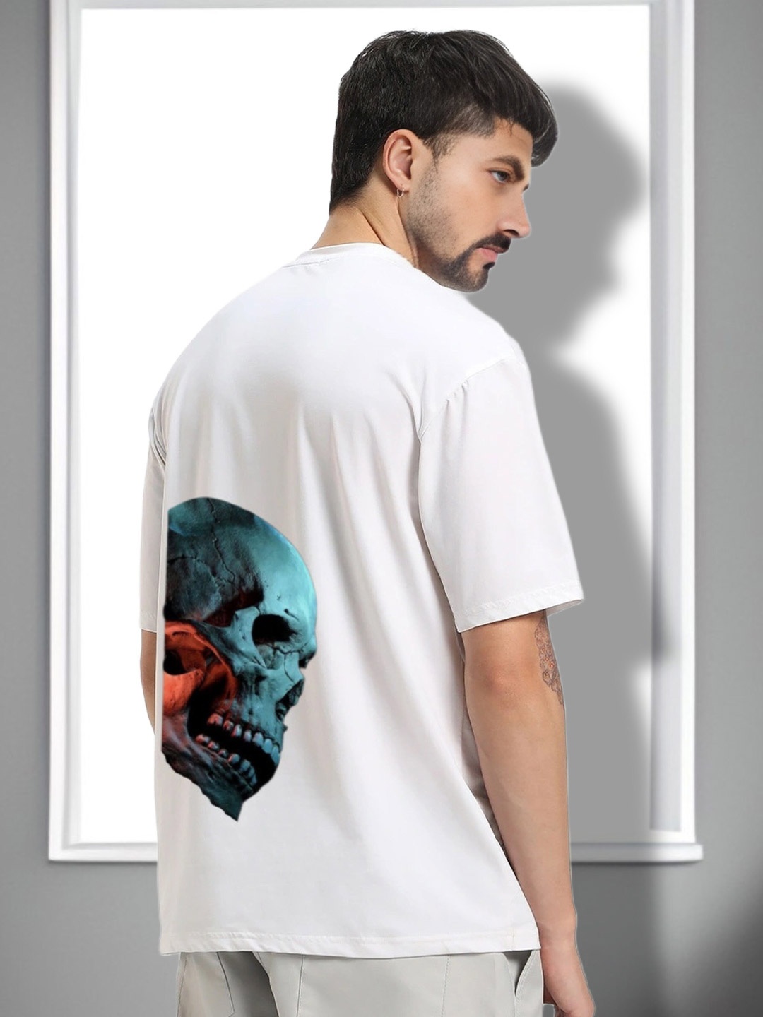 

Elibolz Printed Oversized Cotton Drop-Shoulder Sleeves T-shirt, White