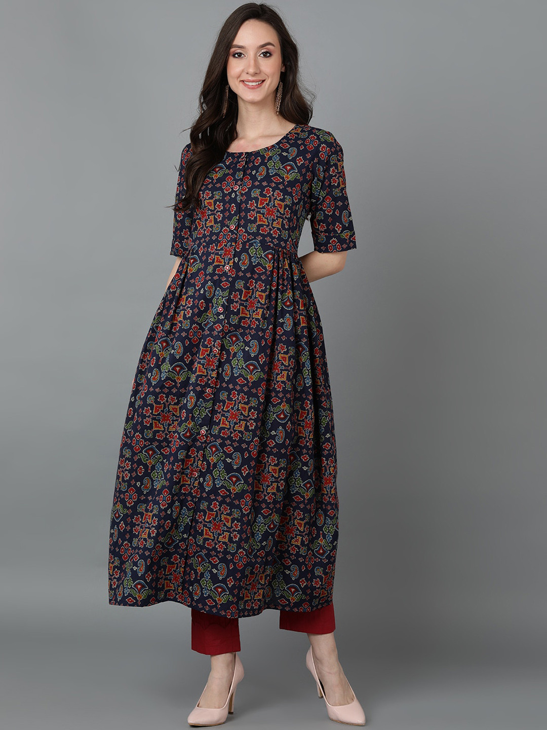 

KALINI Ethnic Motifs Printed Round Neck Short Sleeves Cotton A-Line Kurta, Navy blue