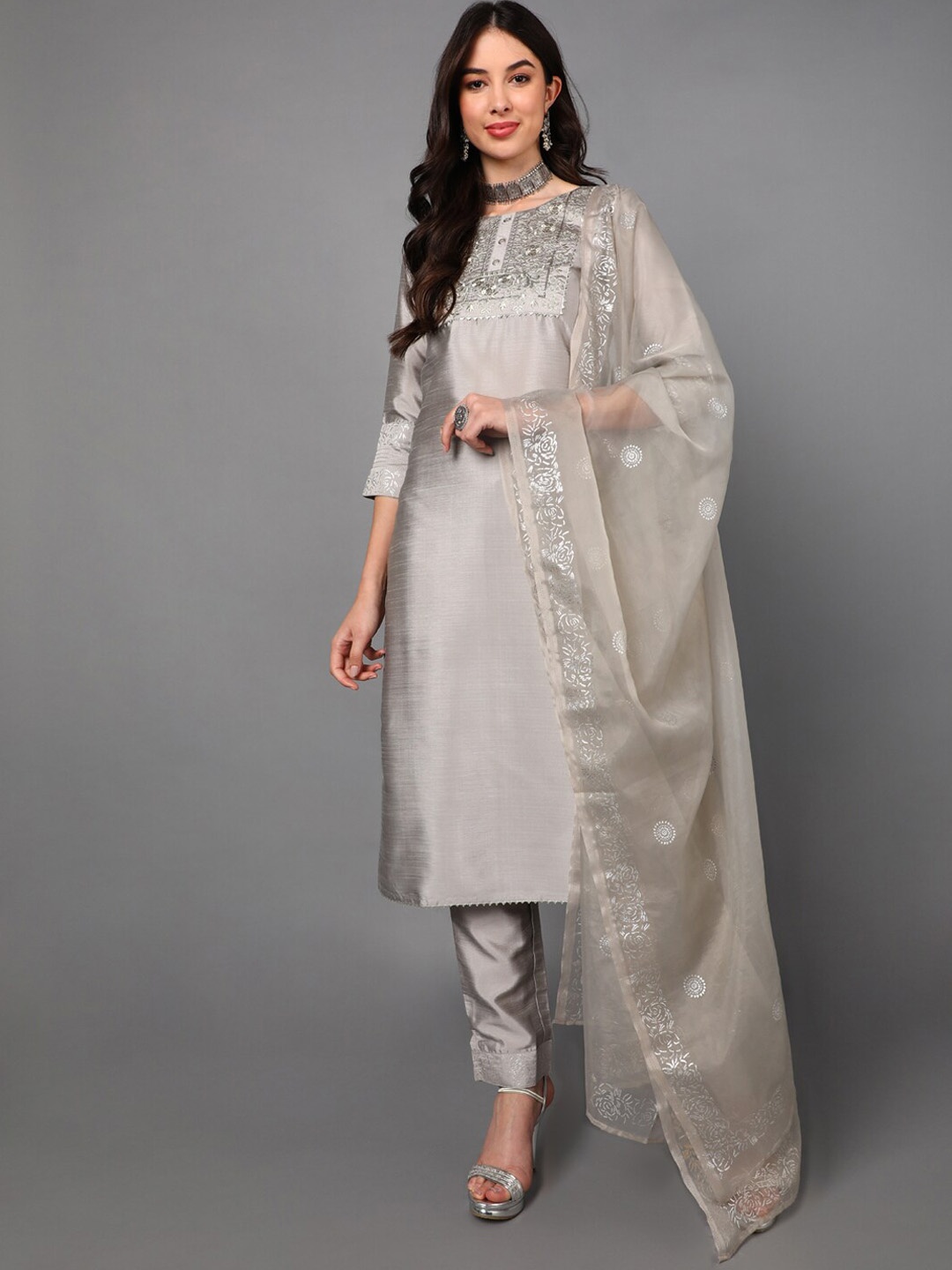 

KALINI Ethnic Motifs Embroidered Round Neck Zari Straight Kurta With Trouser & Dupatta, Grey