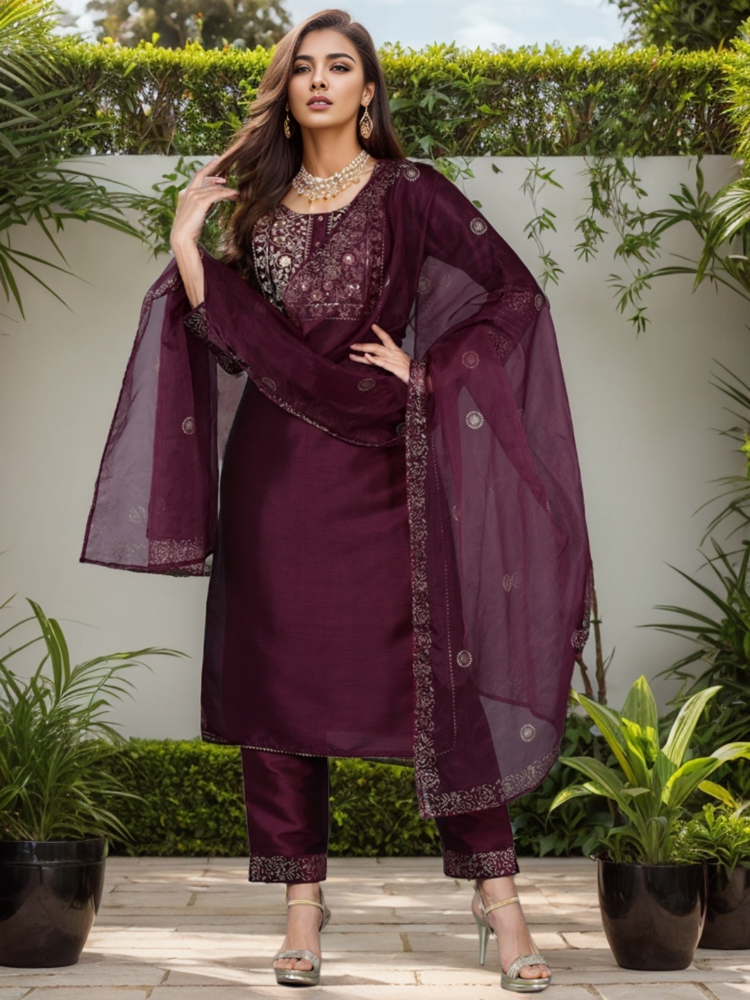 

KALINI Ethnic Motifs Embroidered Round Neck Zari Straight Kurta With Trouser & Dupatta, Purple