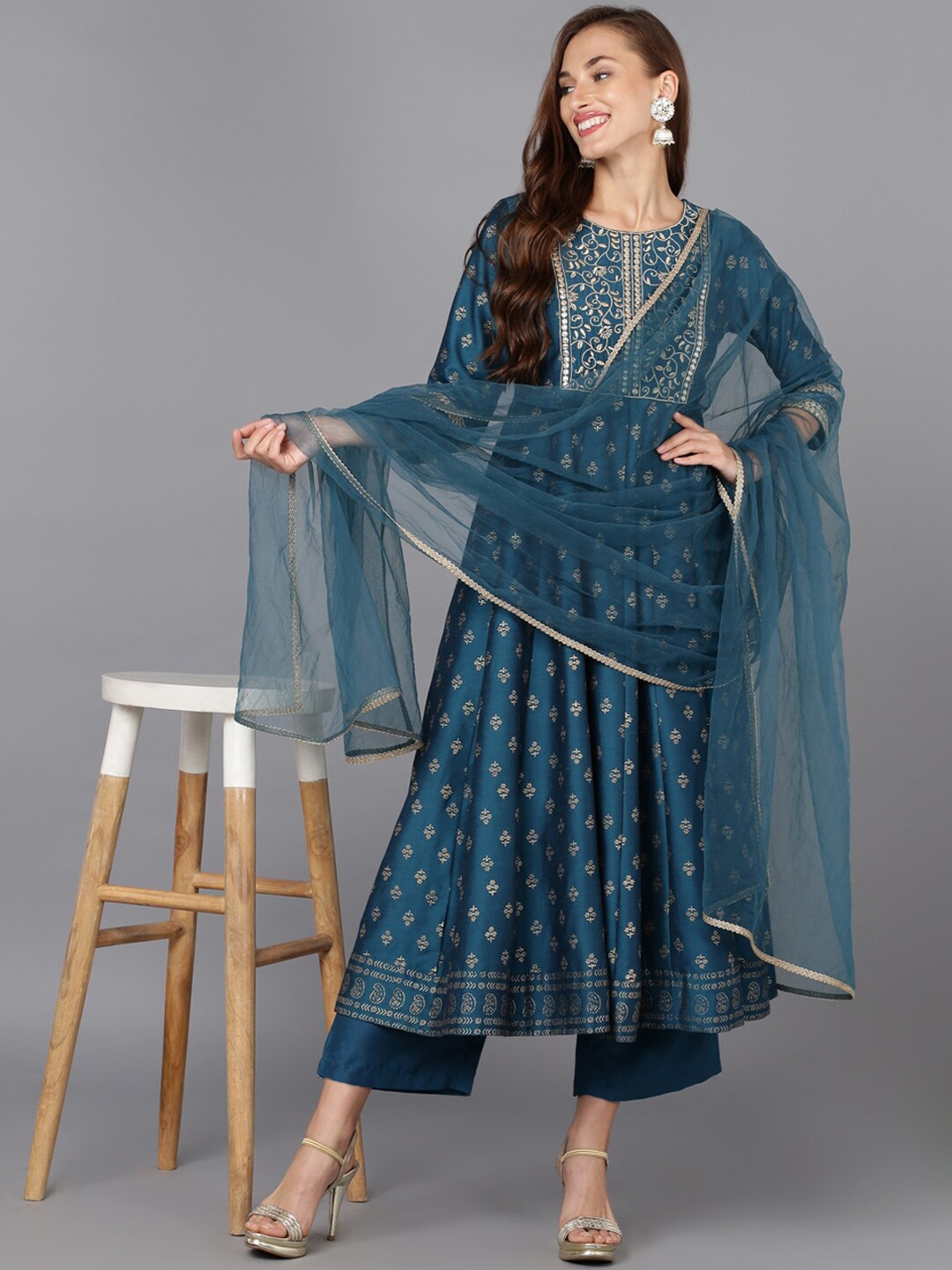 

KALINI Ethnic Motifs Embroidered Mirror Work Empire Kurta With Trouser & Dupatta, Navy blue