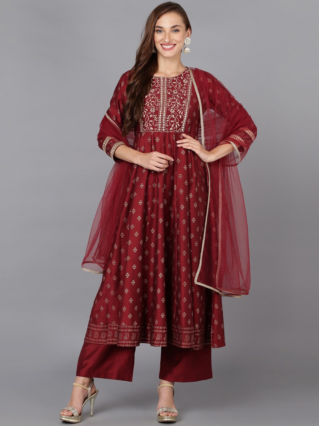 

KALINI Ethnic Motifs Embroidered Mirror Work Empire Kurta With Trouser & Dupatta, Maroon