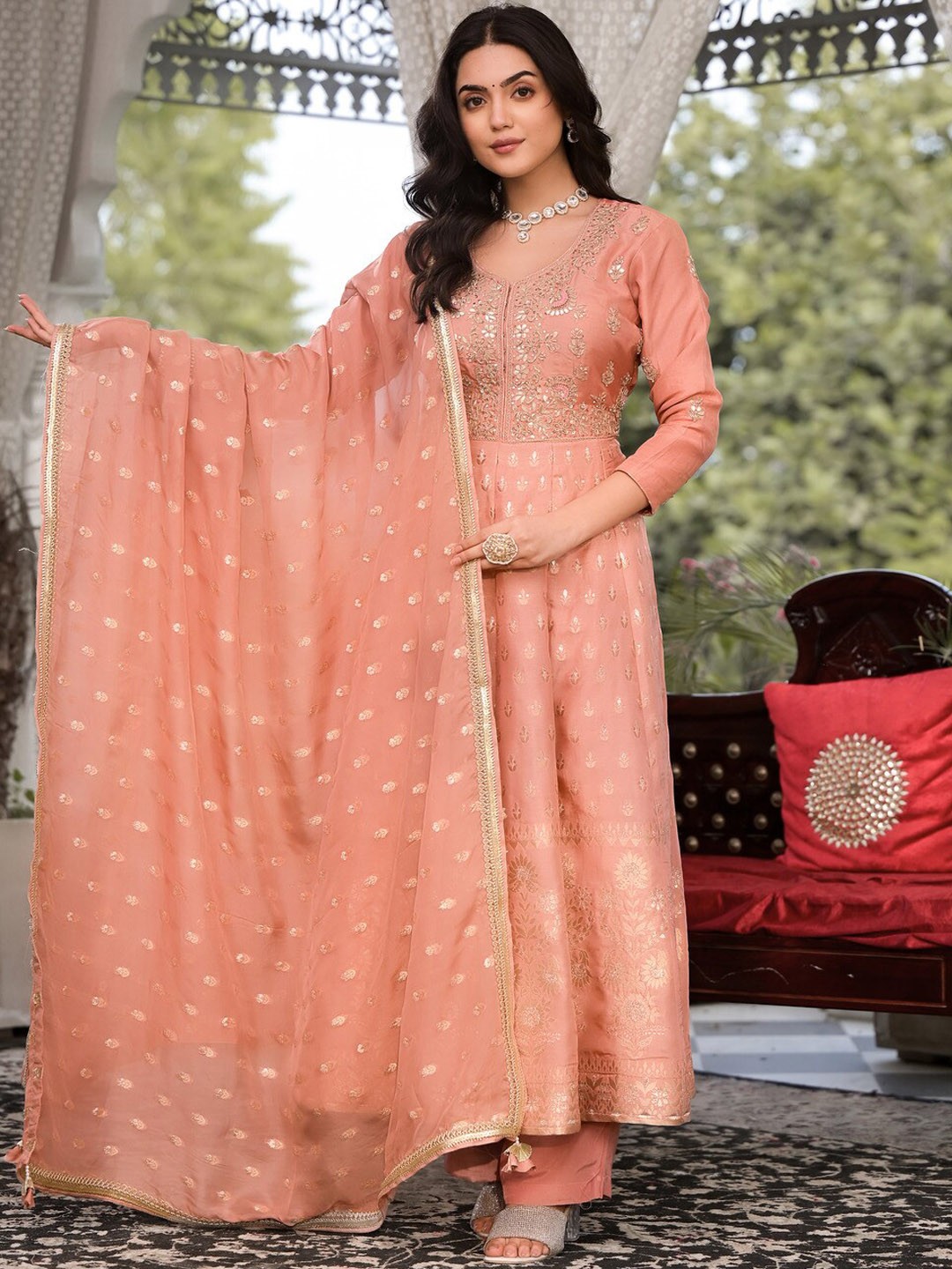 

Divena Regular Embroidered Zardozi Kurta with Trousers & Dupatta, Peach