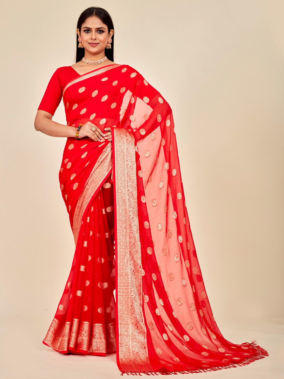 

MAHALASA Woven Design Zari Pure Silk Saree with Tassels, Red