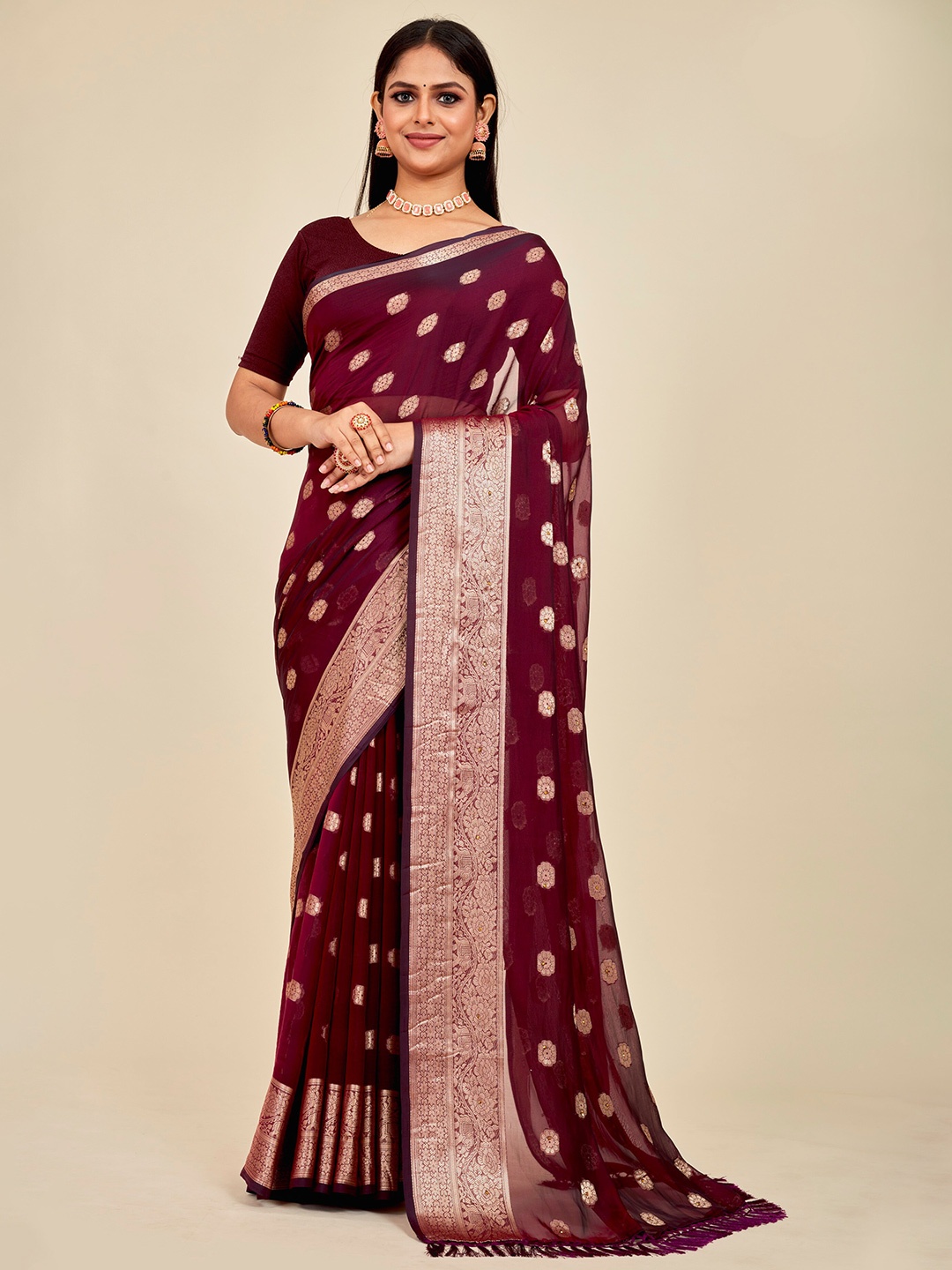 

MAHALASA Woven Design Zari Pure Silk Saree with Tassels, Maroon