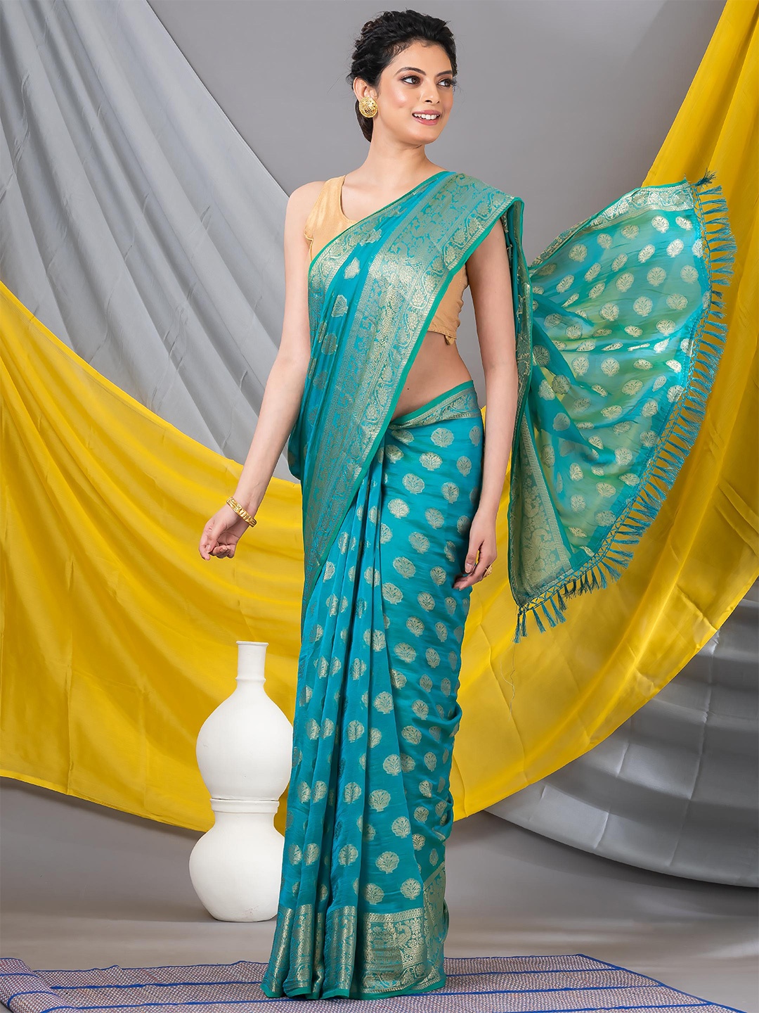 

MAHALASA Woven Design Zari Saree with Tassels, Turquoise blue
