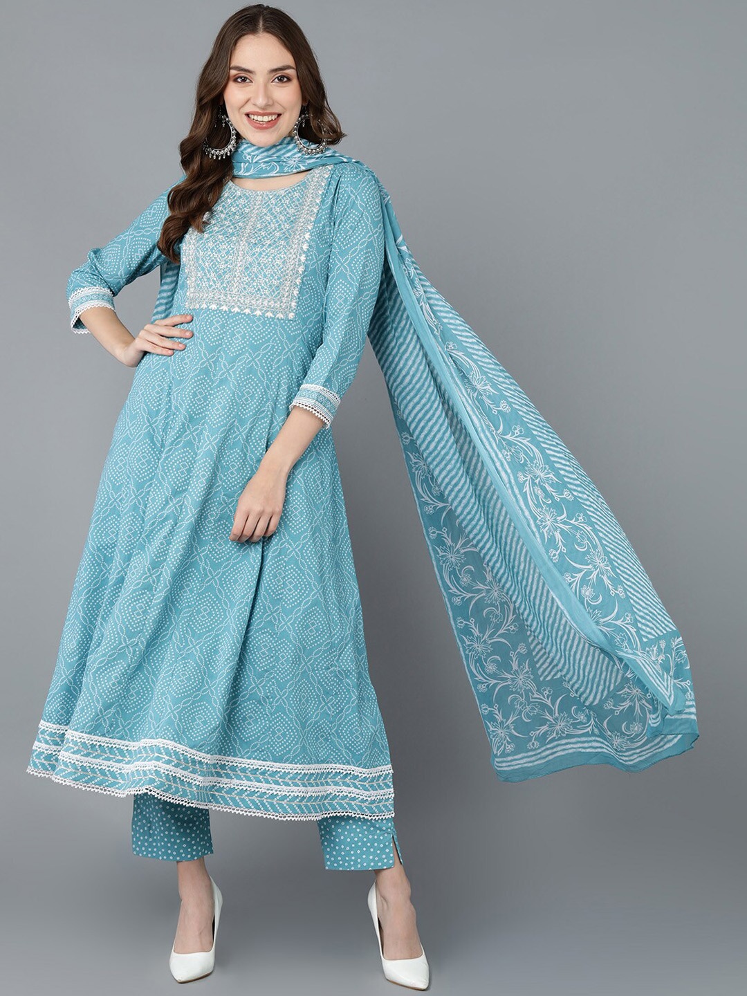 

KALINI Bandhani Printed Empire Thread Work Kurta with Trousers & With Dupatta, Blue