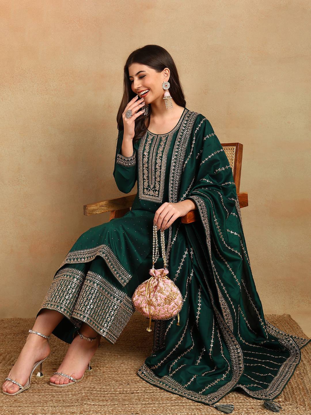 

KALINI Floral Embroidered Regular Kurta with Palazzos & With Dupatta, Green