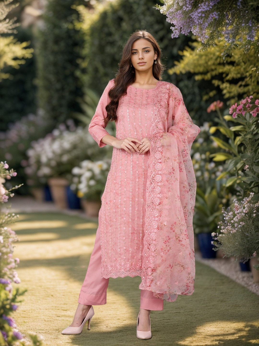 

KALINI Floral Embroidered Regular Sequinned Kurta with Trousers & With Dupatta, Peach