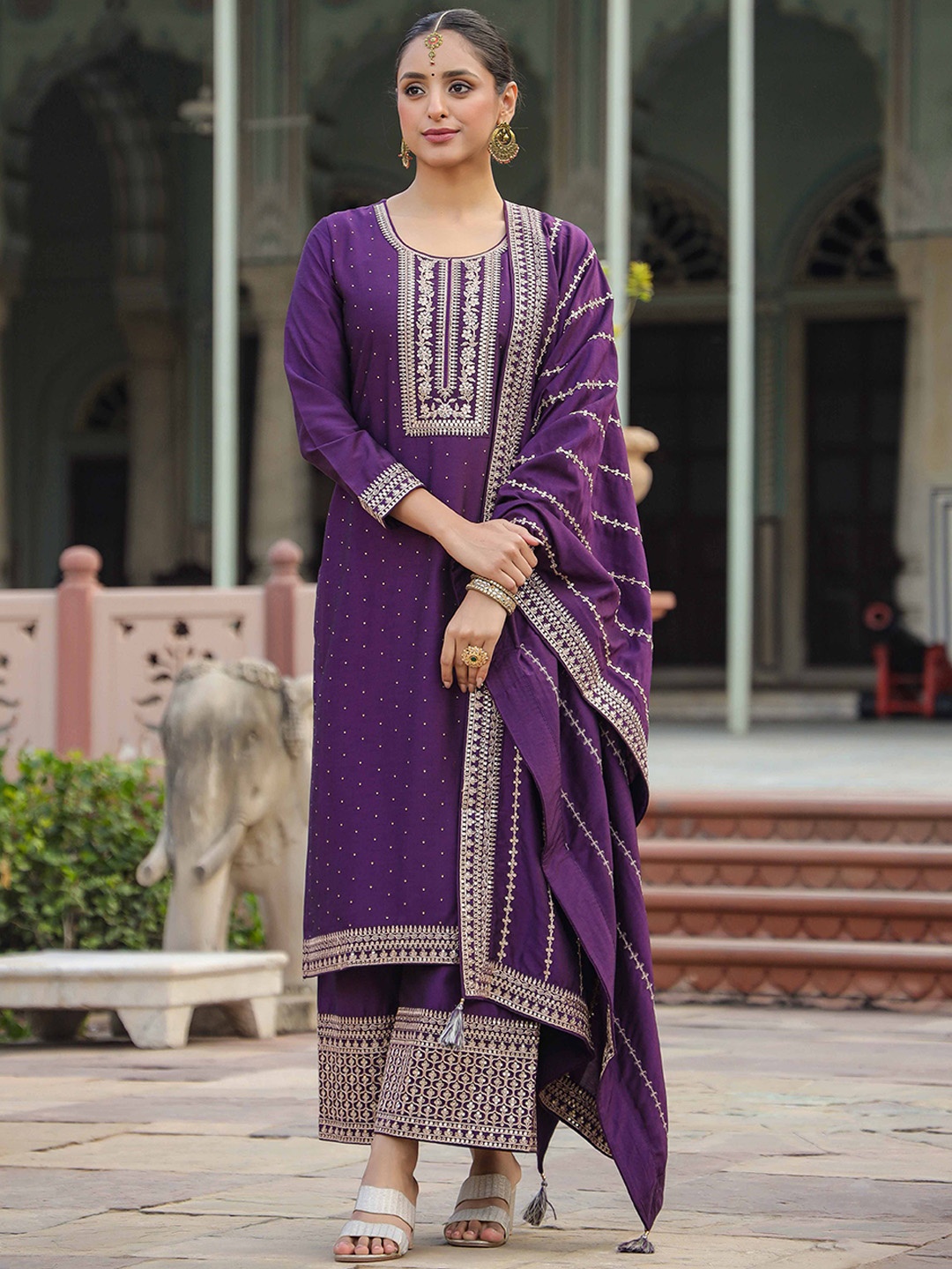 

KALINI Yoke Design Regular Kurta with Palazzos & With Dupatta, Purple