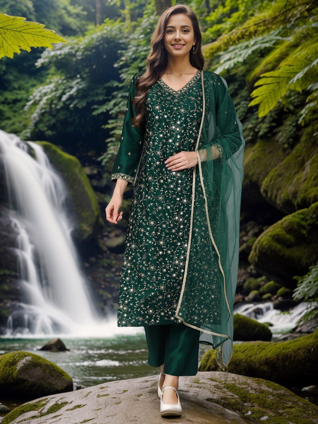 

KALINI Floral Embroidered Regular Sequinned Kurta with Trousers & Dupatta, Green