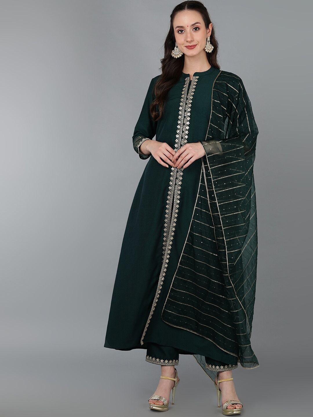 

KALINI Embroidered Empire Sequinned Kurta with Trousers & With Dupatta, Green