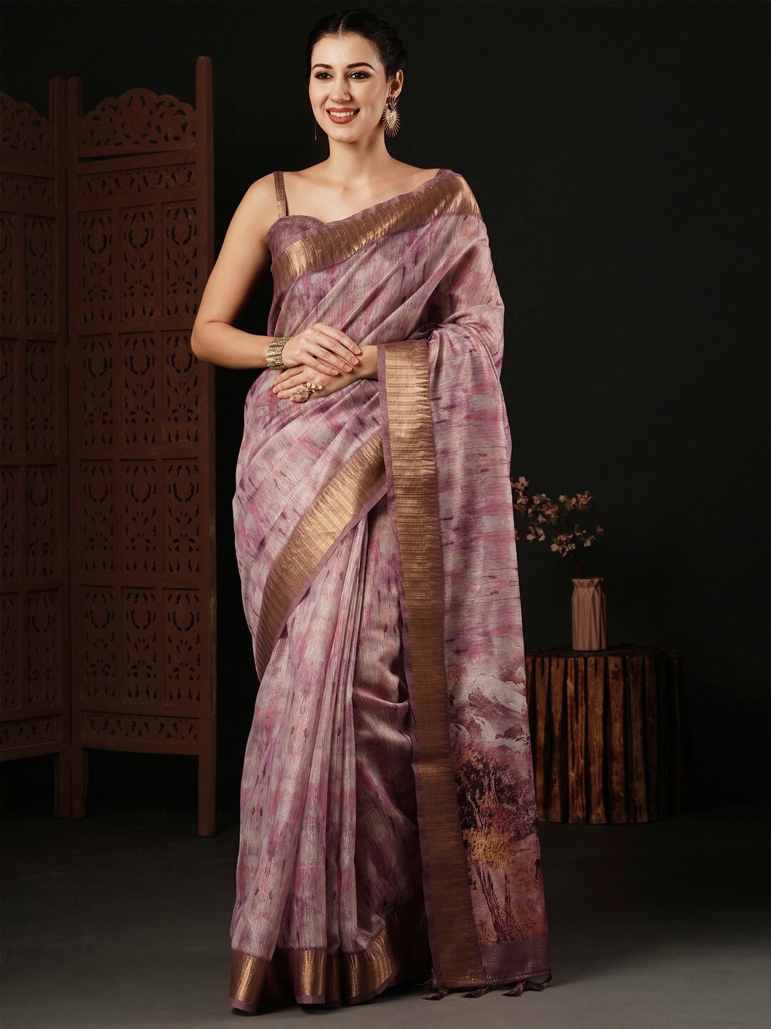 

Anouk Abstract Printed Zari Organza Sungudi Saree, Mauve