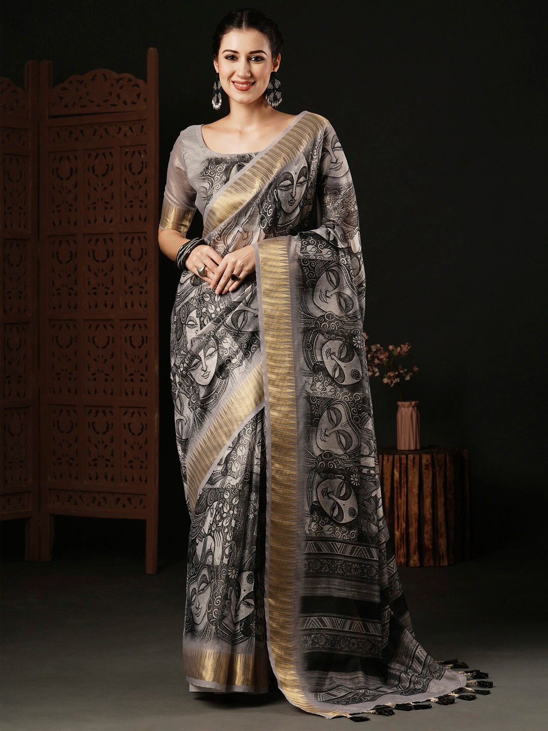 

Anouk Ethnic Motifs Zari Organza Sungudi Saree, Grey