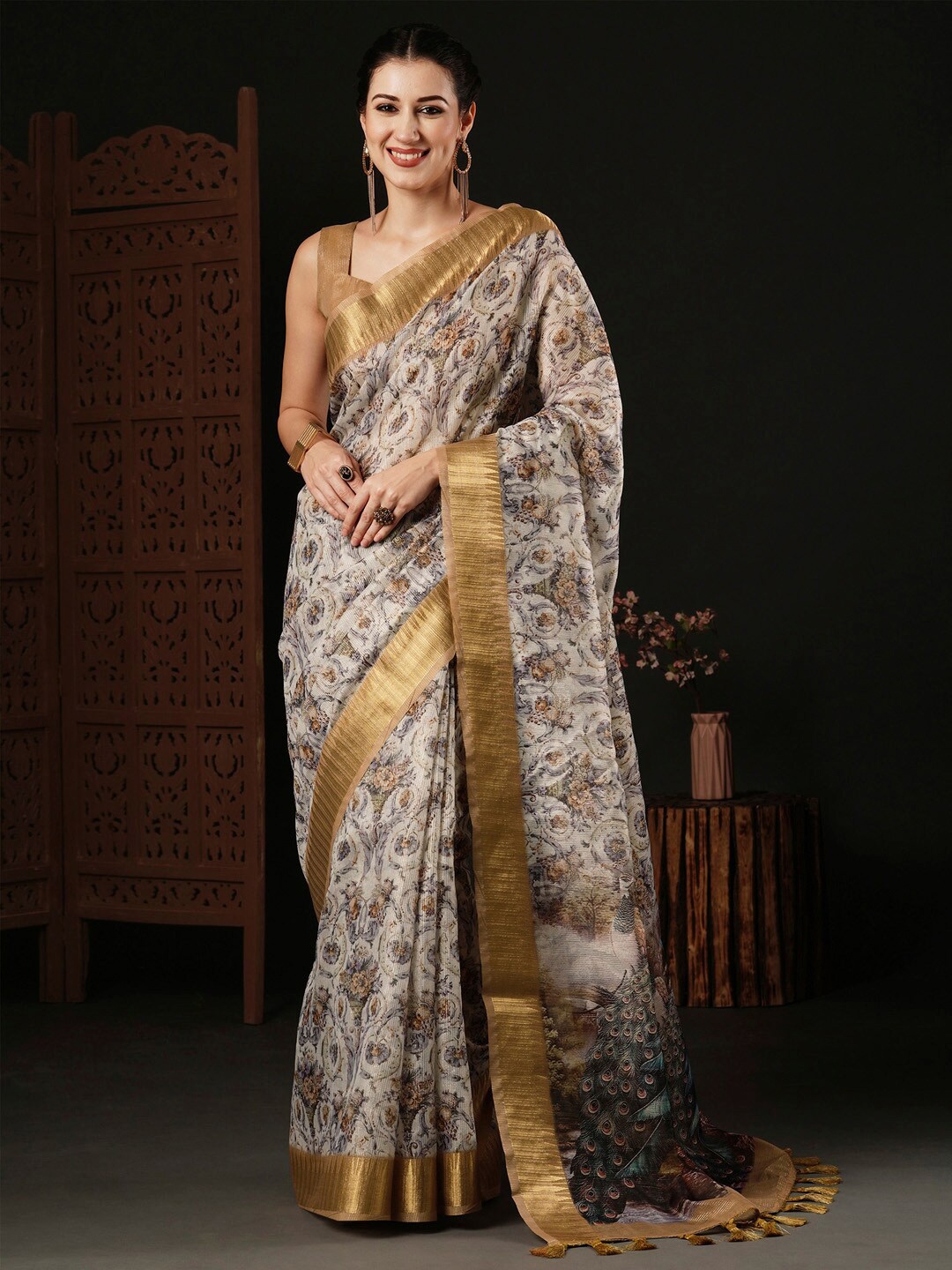 

Anouk Floral Printed Zari Organza Sungudi Saree, Cream
