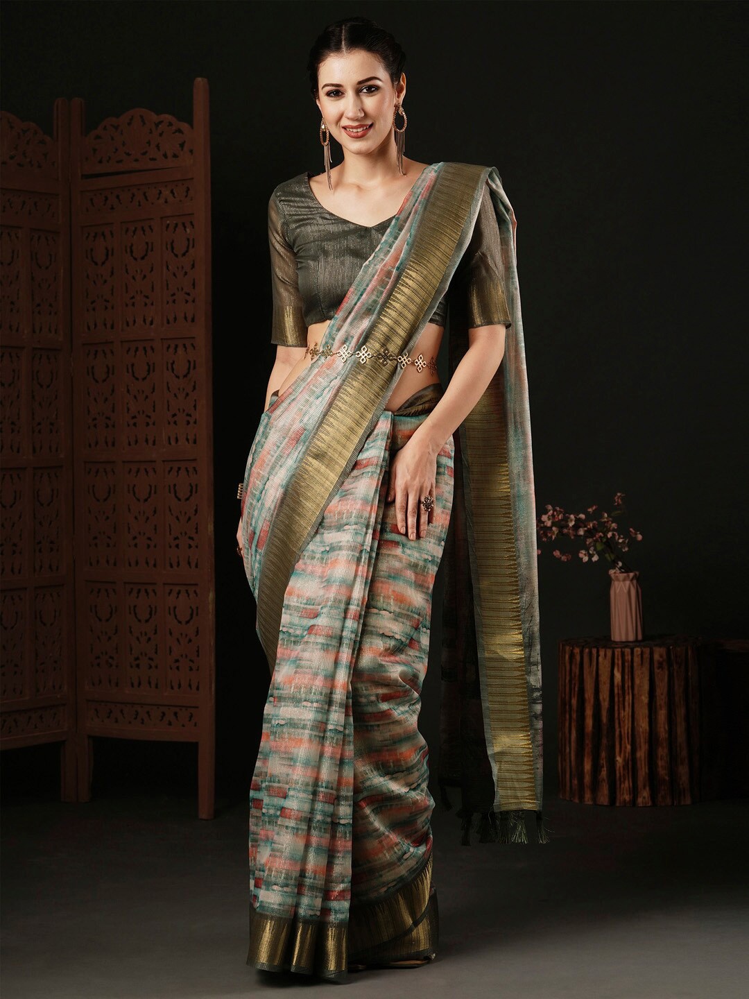 

Anouk Abstract Printed Zari Organza Sungudi Saree, Sea green
