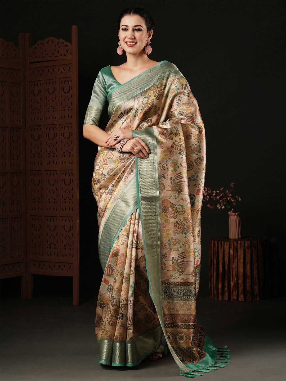 

Anouk Ethnic Motifs Zari Silk Sungudi Party Wear Saree, Beige