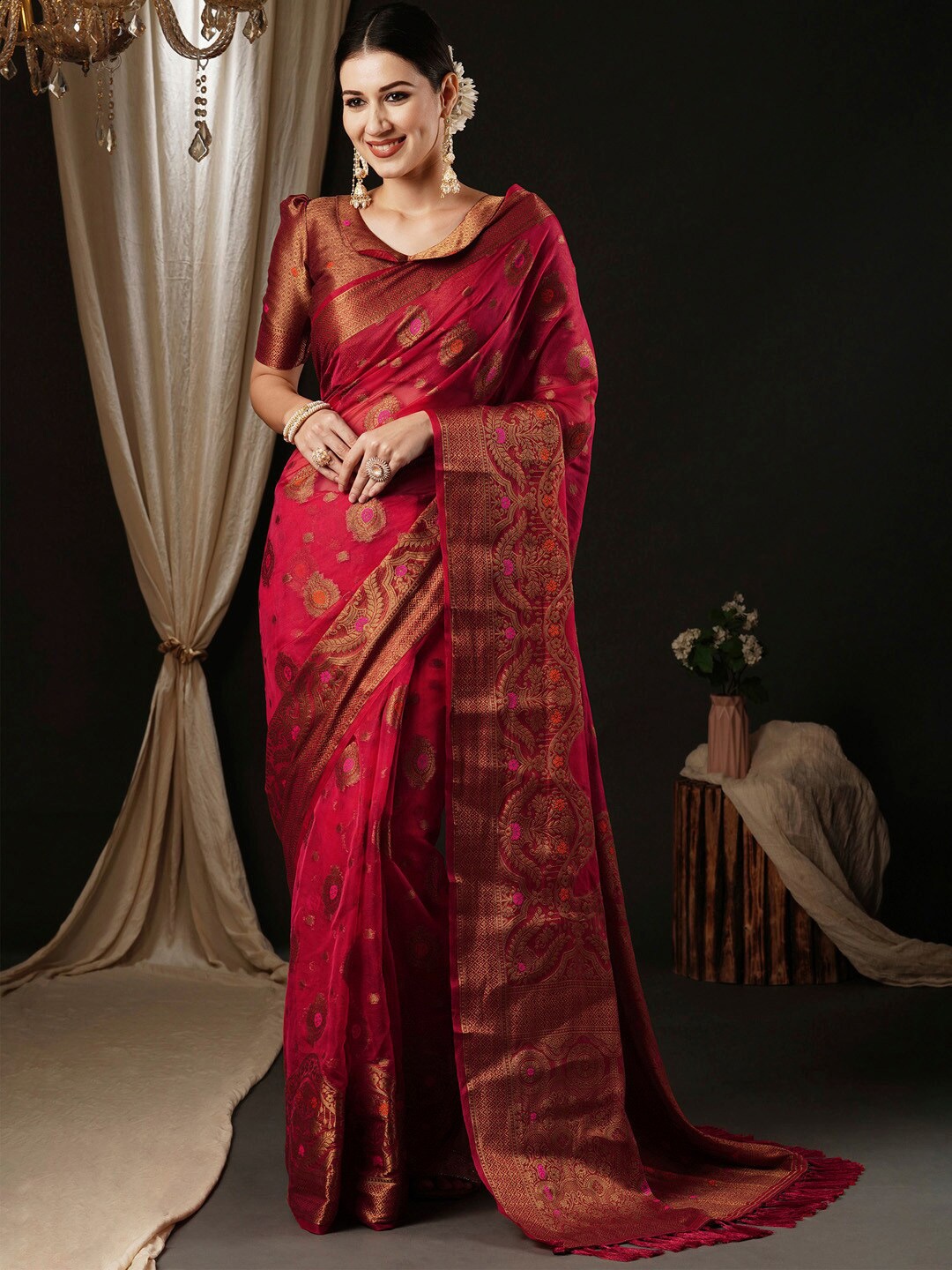 

Anouk Ethnic Woven Design Zari Organza Banarasi Saree, Pink