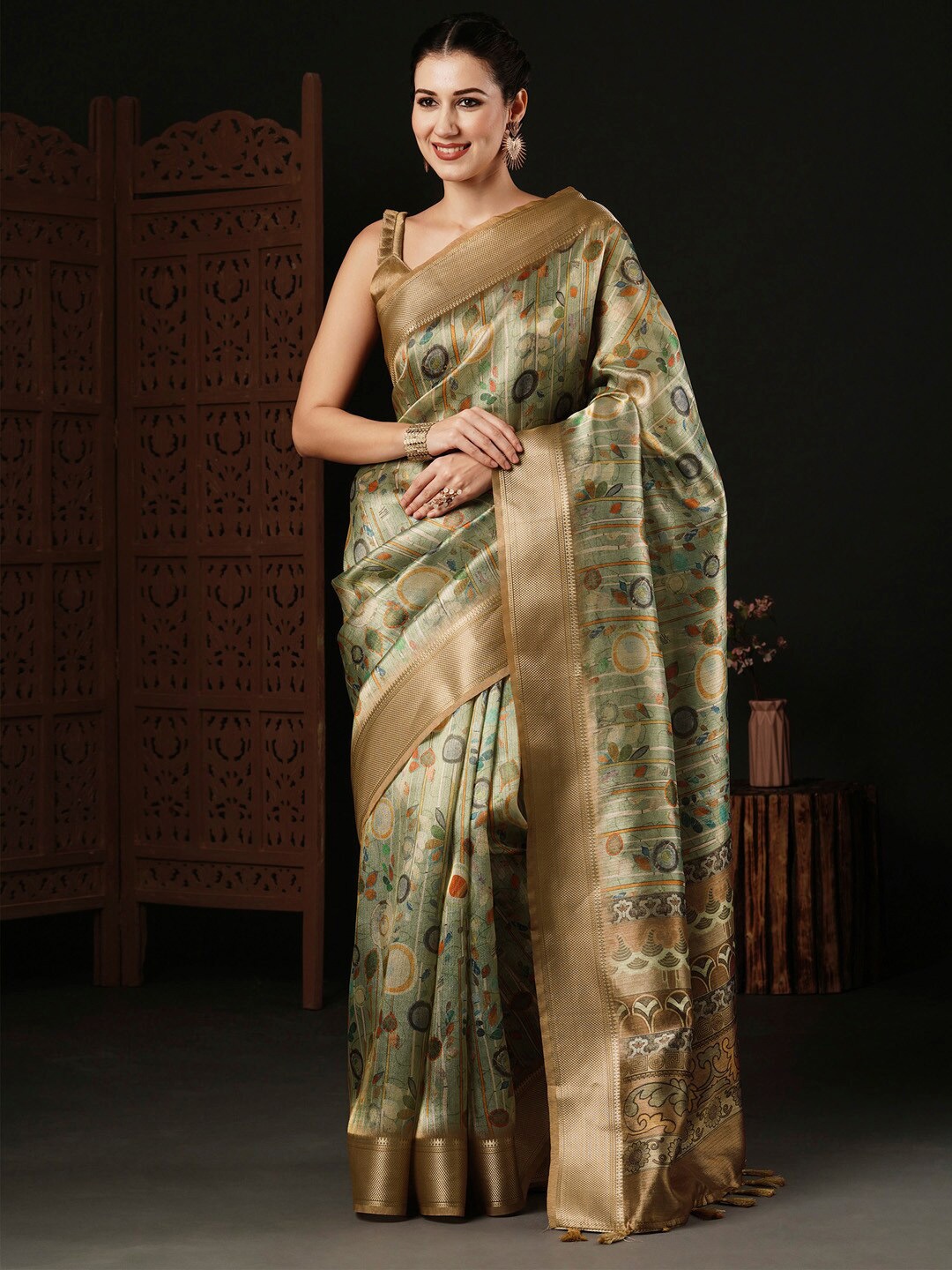 

Anouk Ethnic Motifs Printed Sungudi Zari Saree, Green