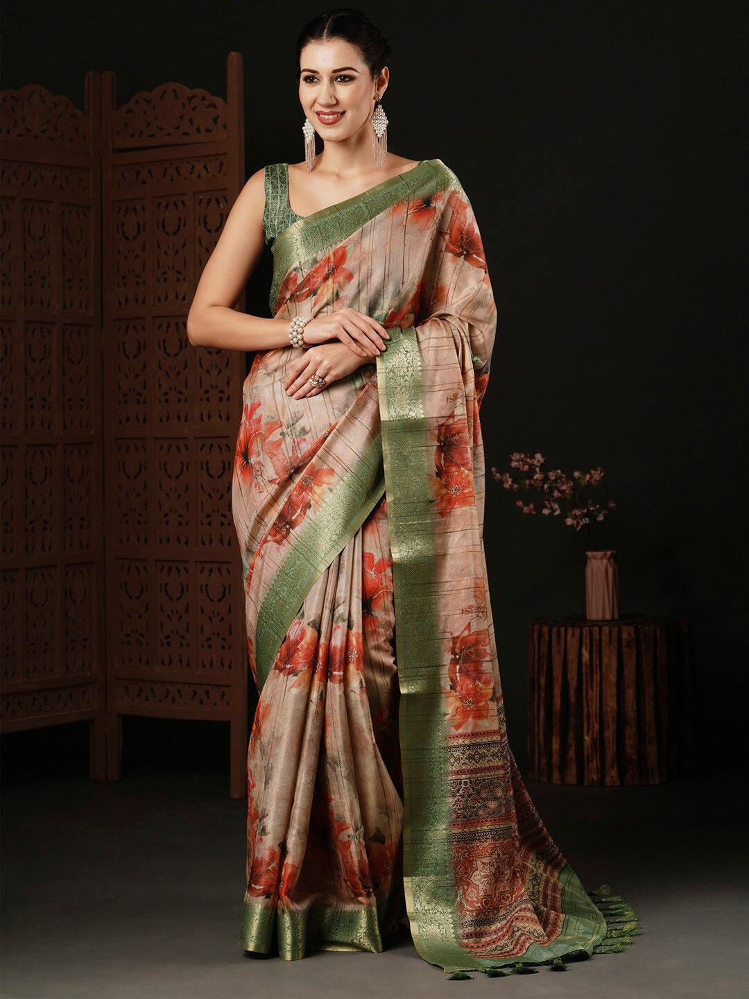 Anouk Floral Printed Sungudi Zari Saree, Beige