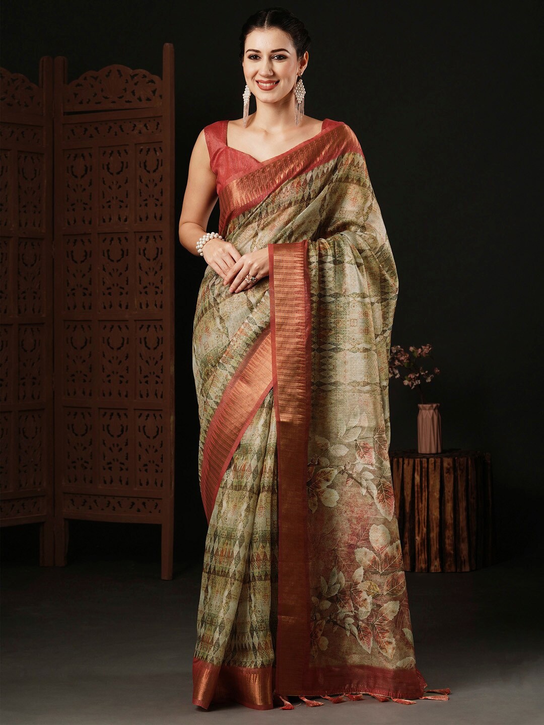 

Anouk Floral Printed Organza Sungudi Zari Saree, Sea green