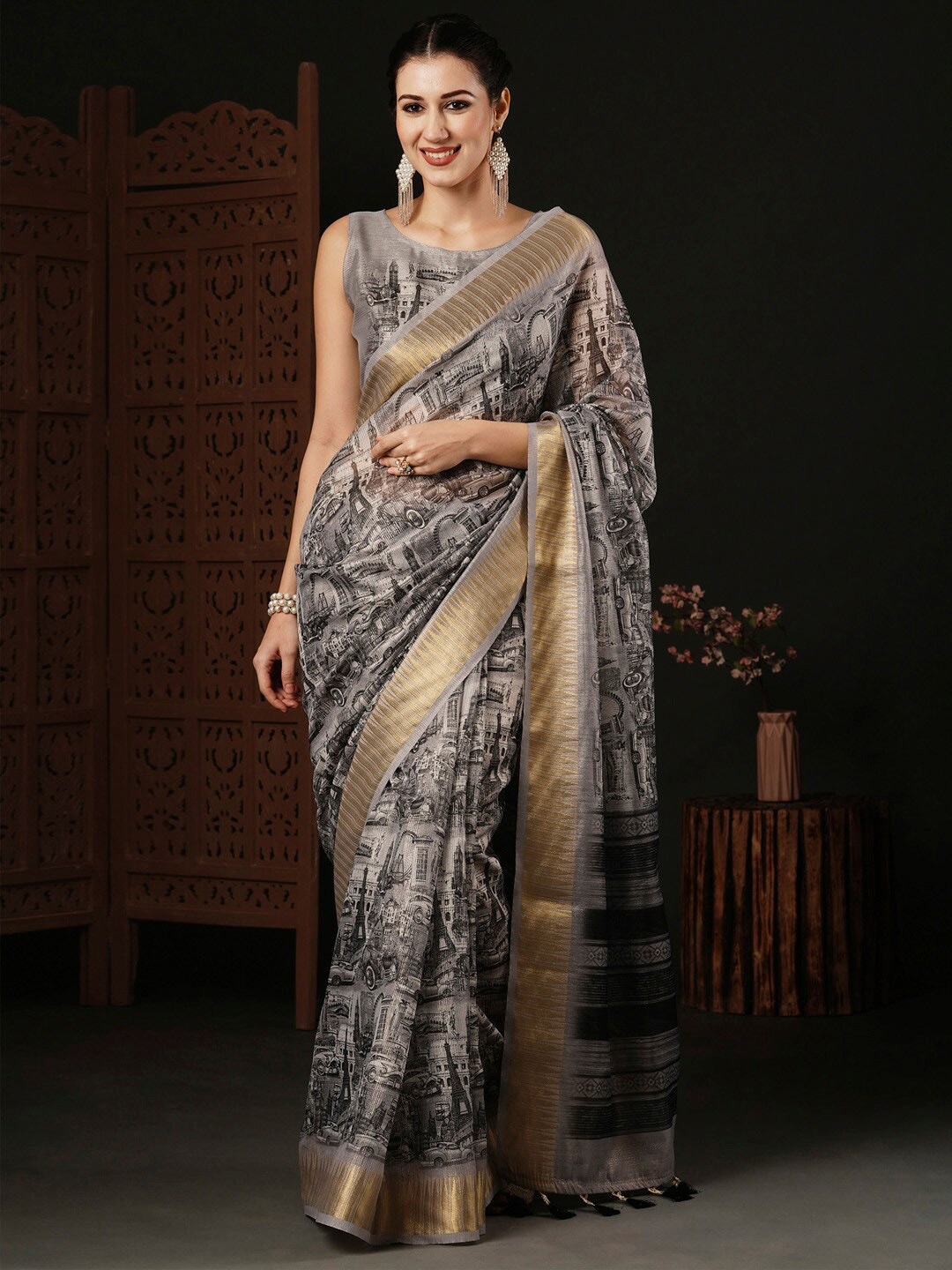 Anouk Abstract Printed Organza Sungudi Zari Saree, Grey