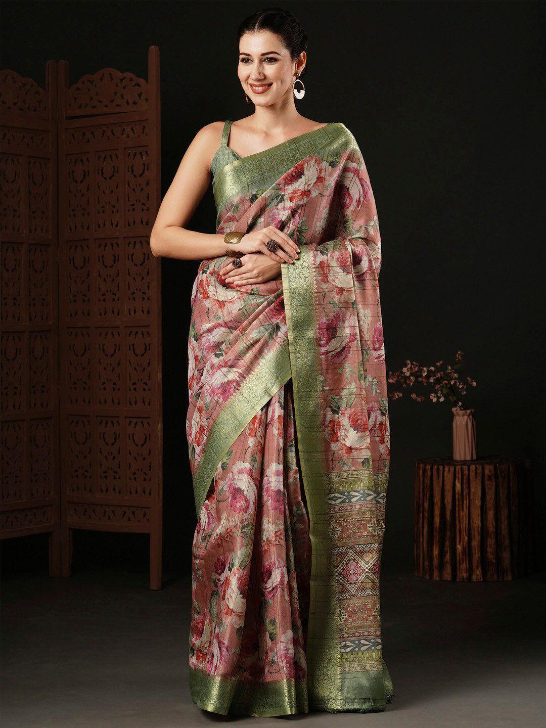 

Anouk Brown Floral Printed Zari Sungudi Saree