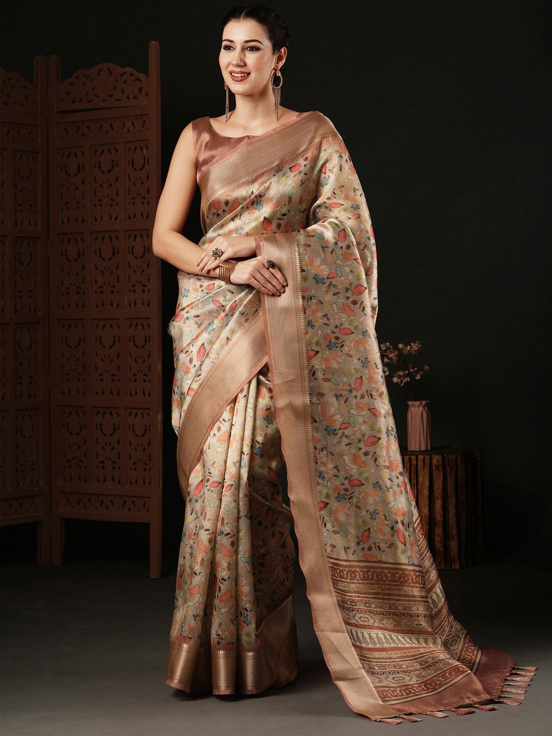 

Anouk Beige Ethnic Motifs Woven Design Zari Sungudi Saree
