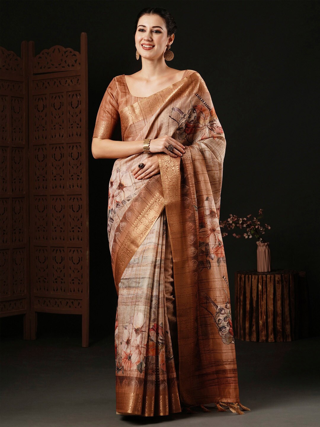 

Anouk Brown Floral Woven Design Zari Sungudi Saree