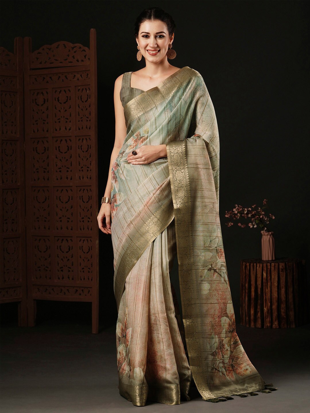 Anouk Sea Green Floral Woven Design Zari Sungudi Saree