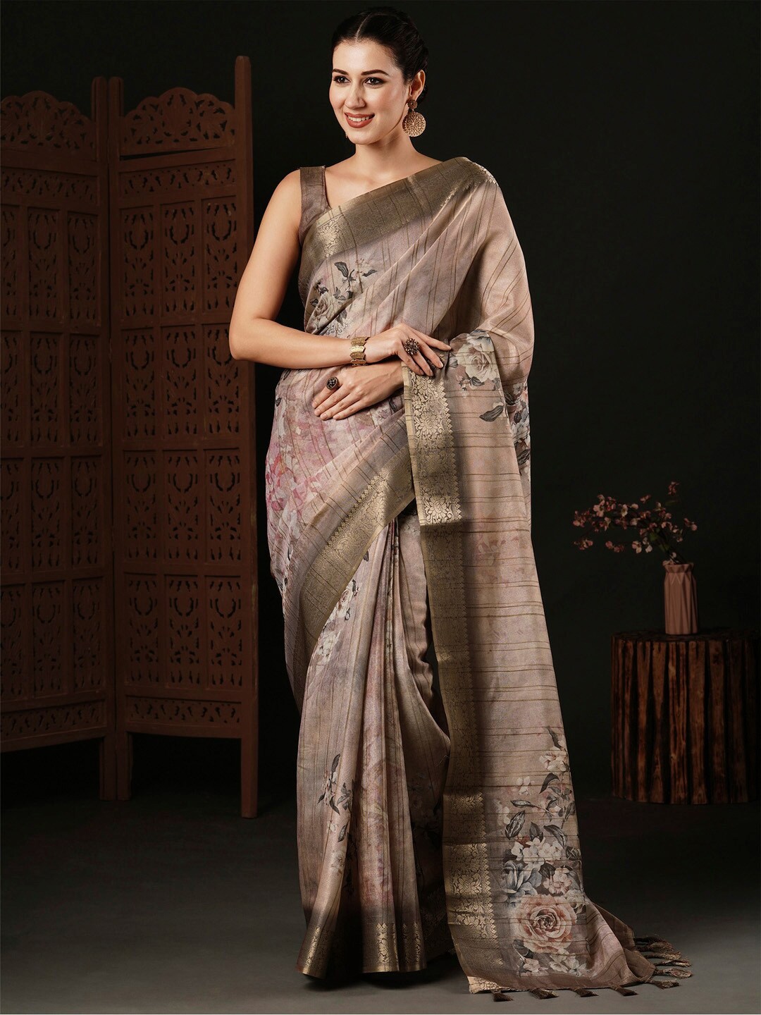 

Anouk Beige Floral Woven Design Zari Sungudi Saree