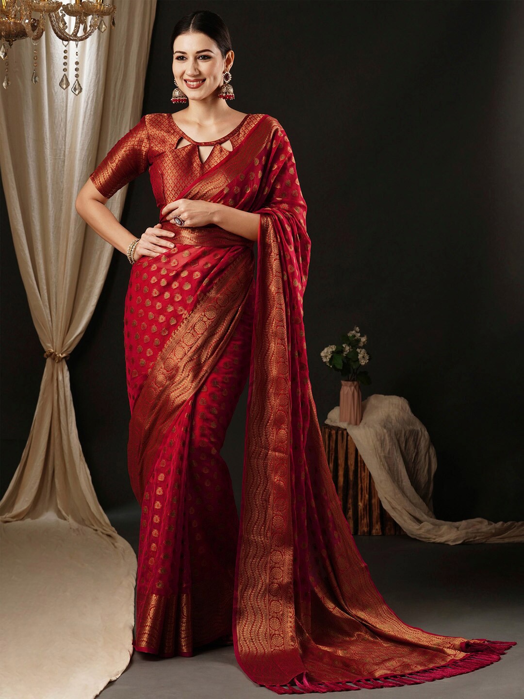 

Anouk Pink & Gold Toned Woven Design Zari Organza Banarasi Saree