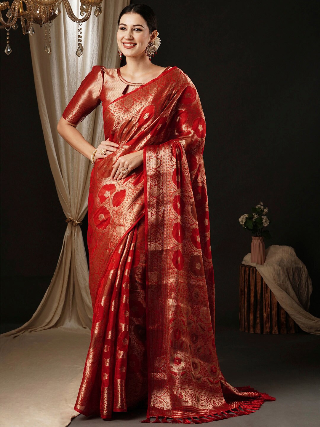 

Anouk Ethnic Motifs Woven Design Zari Organza Banarasi Saree, Red