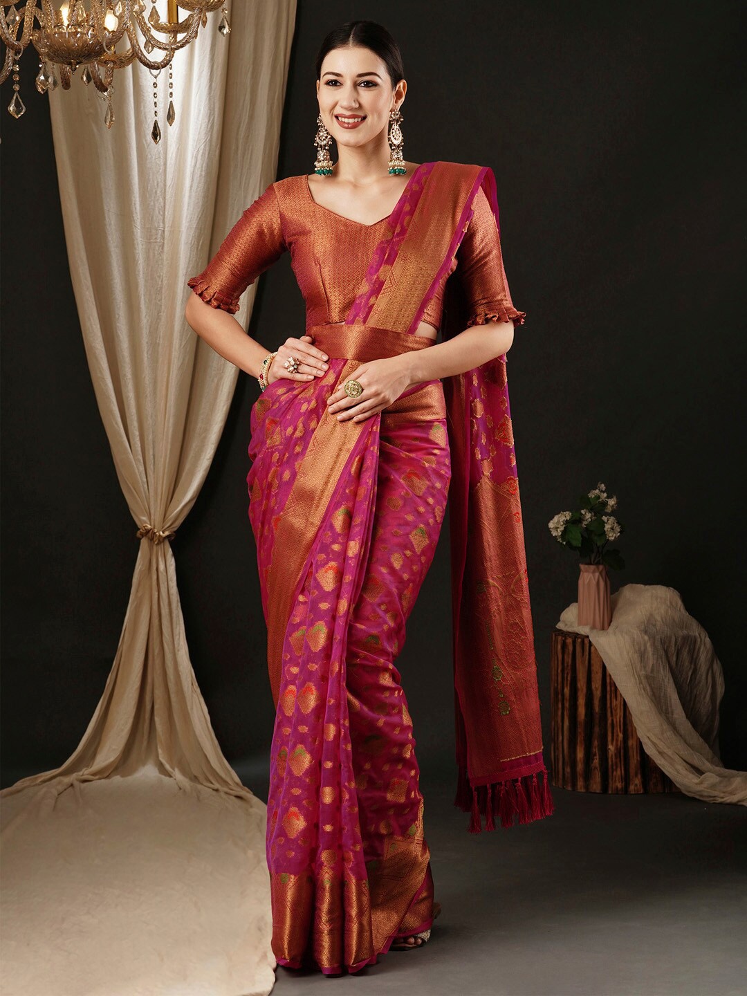 

Anouk Ethnic Woven Design Zari Organza Banarasi Saree, Pink