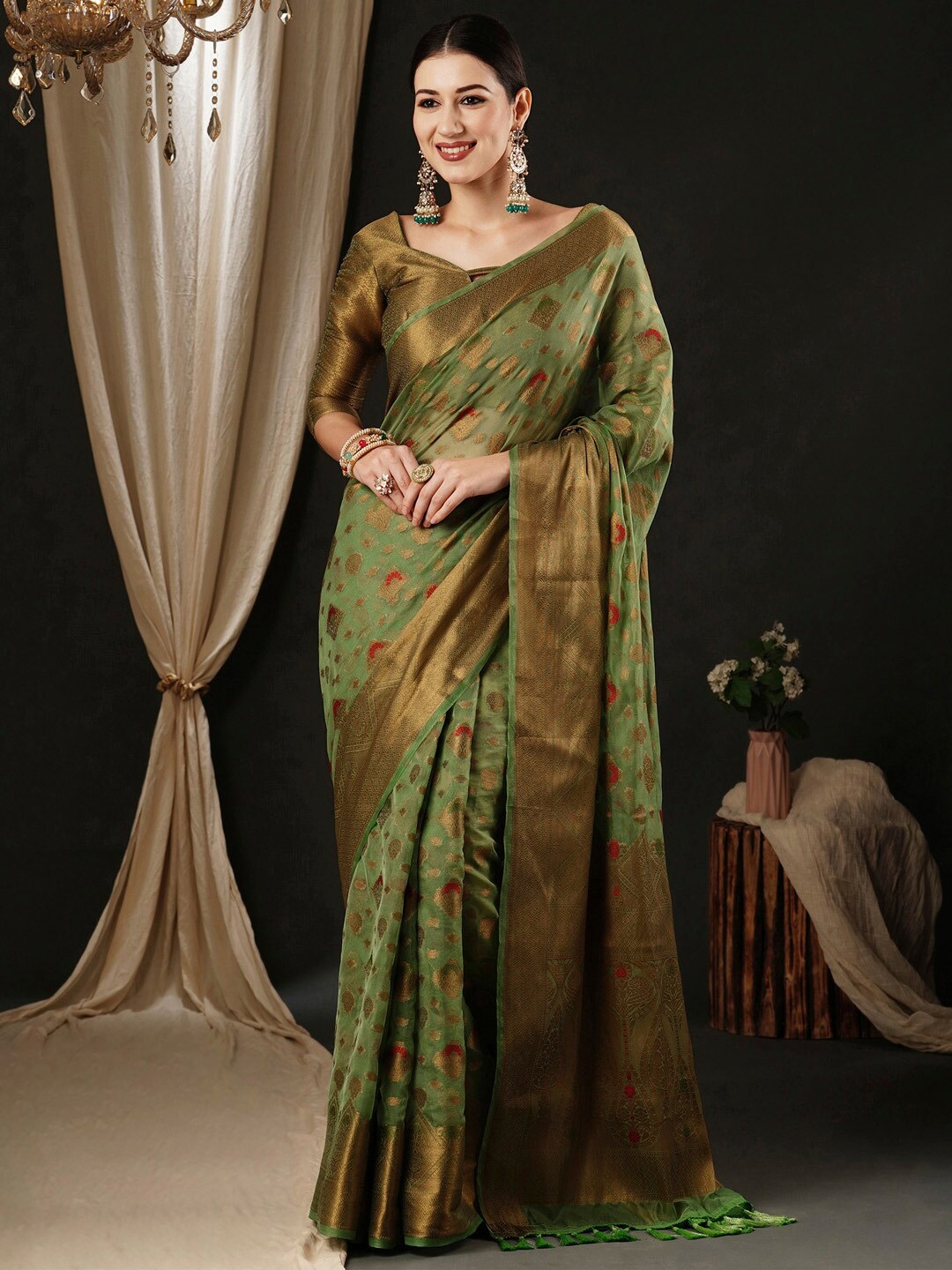 

Anouk Ethnic Motifs Woven Design Zari Organza Banarasi Saree, Olive
