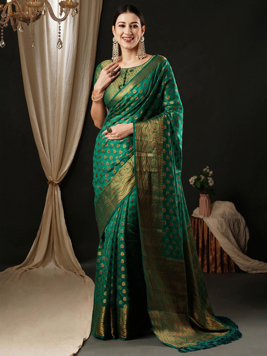 

Anouk Woven Design Zari Organza Banarasi Saree, Teal