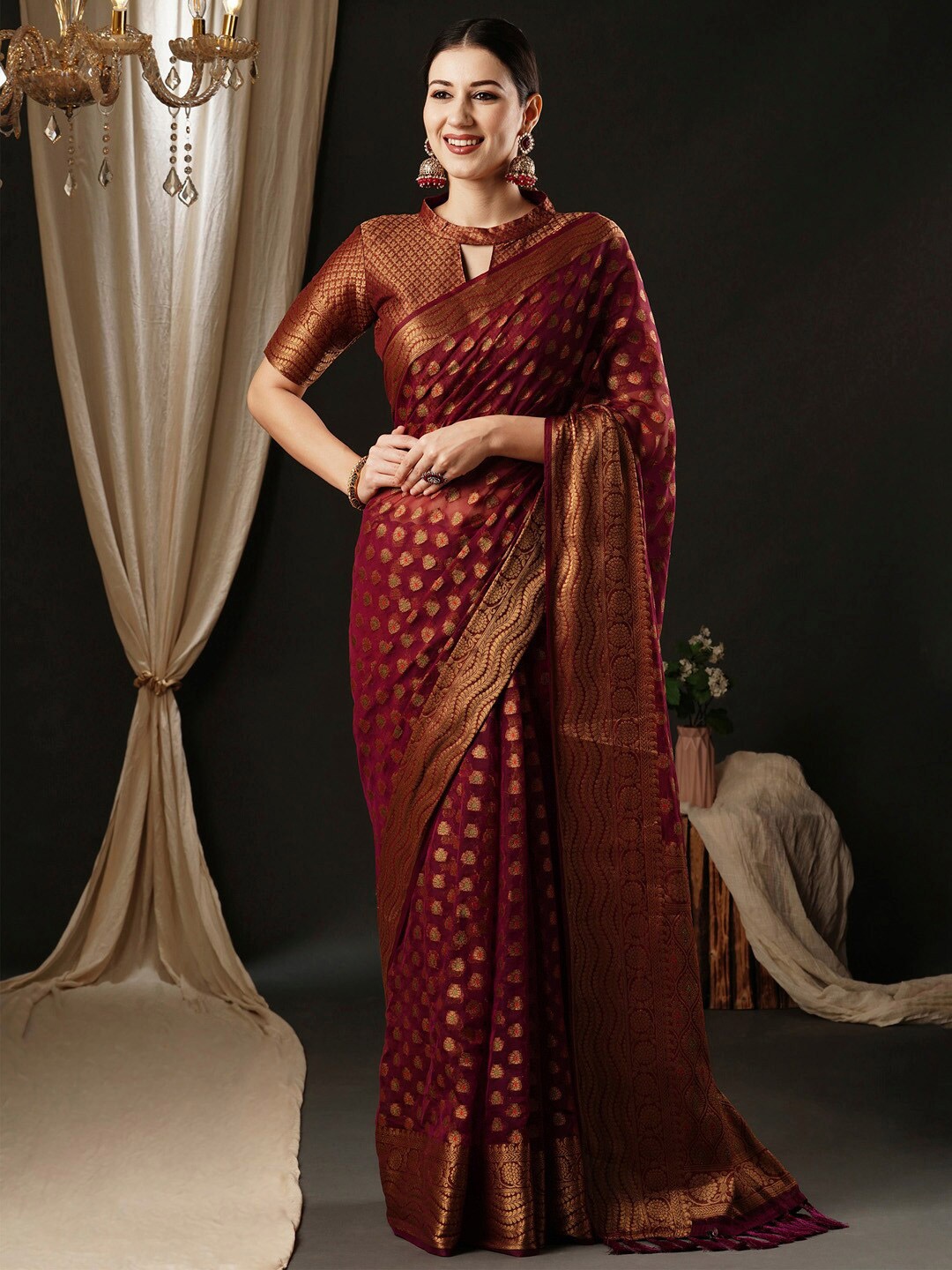 

Anouk Ethnic Woven Design Zari Organza Banarasi Saree, Burgundy