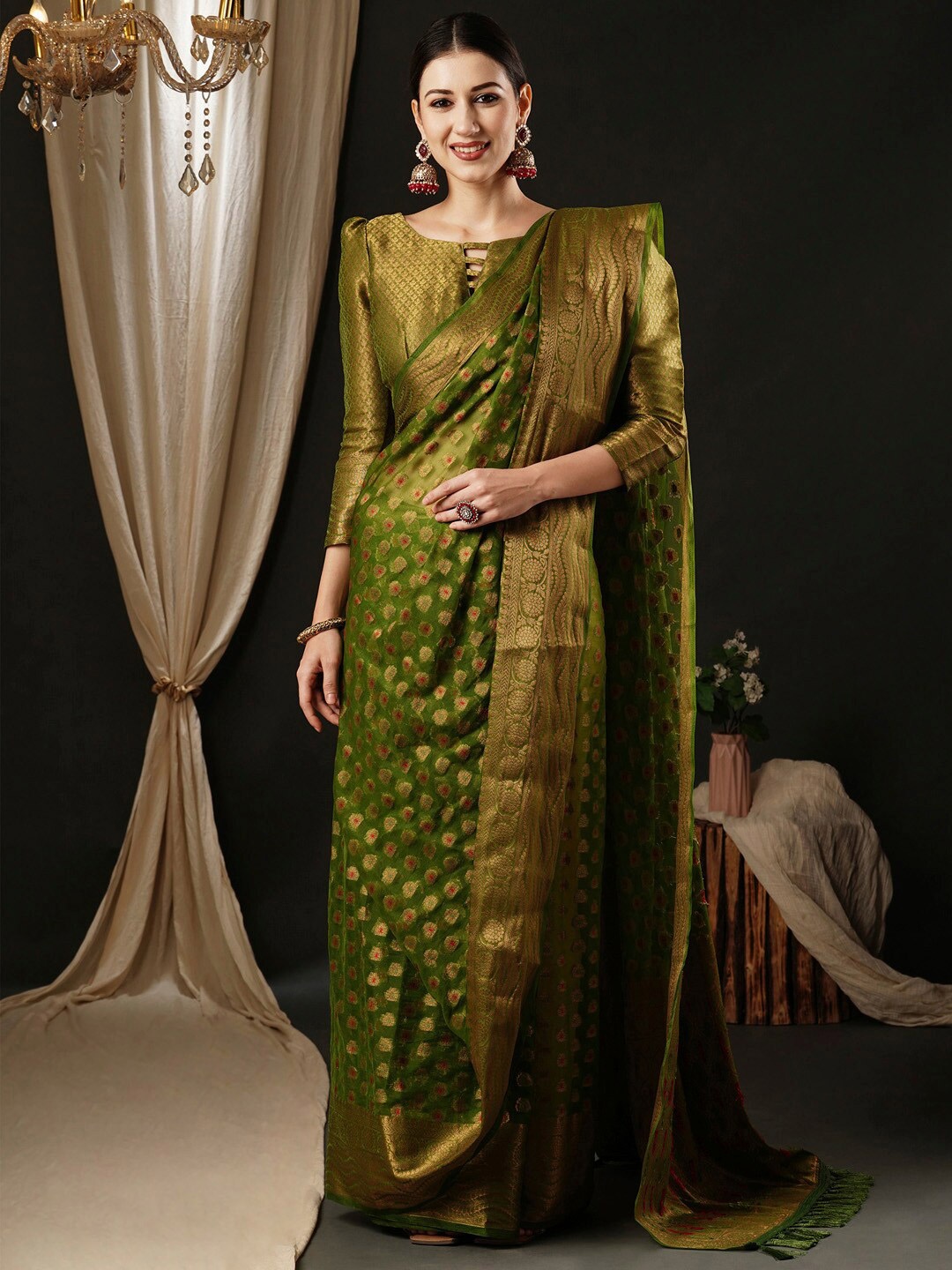 

Anouk Ethnic Motifs Woven Design Zari Organza Banarasi Saree, Olive