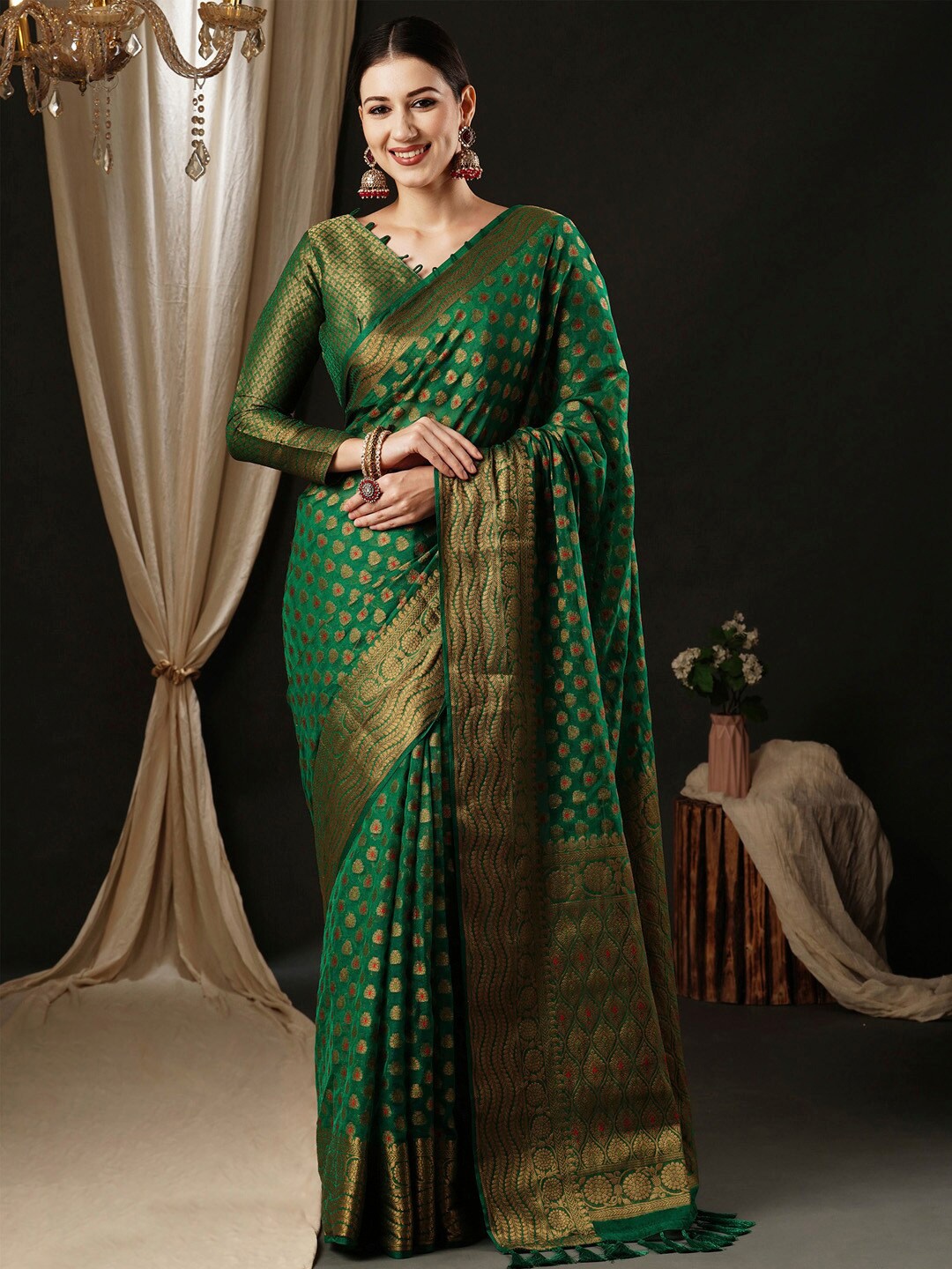 

Anouk Woven Design Zari Organza Banarasi Saree, Green