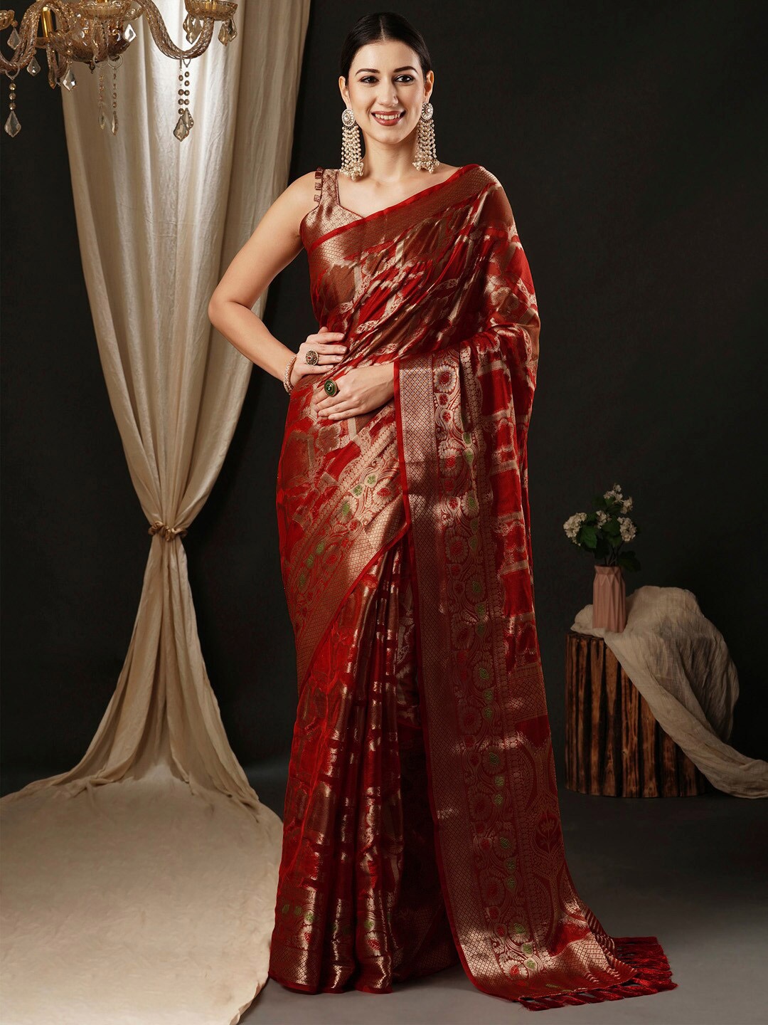 

Anouk Ethnic Motifs Woven Design Zari Organza Banarasi Saree, Red